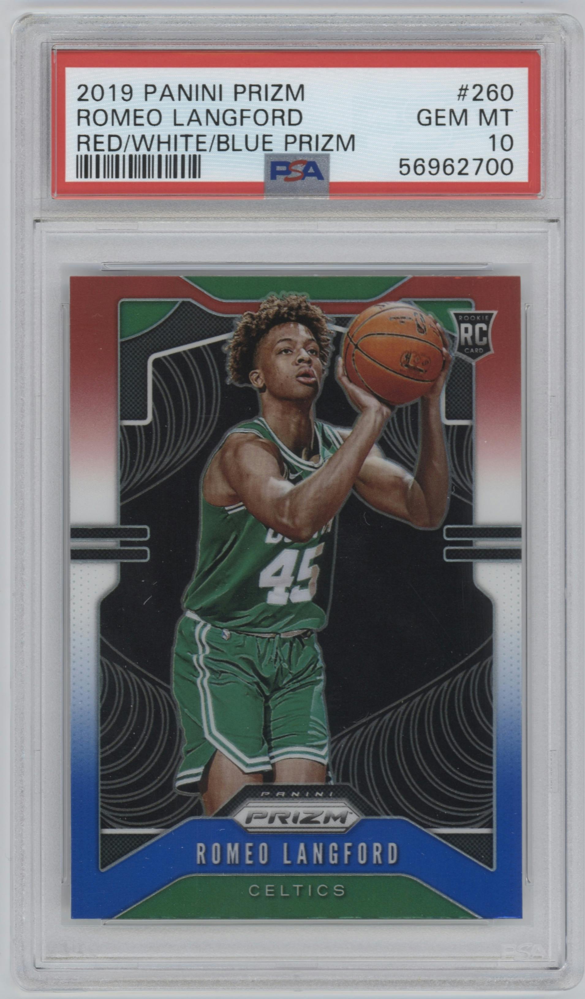 Romeo Langford from the 2019-20 Panini Prizm set featuring a Red/White/Blue Prizm  parallel graded by PSA and given an overall grade of 10.