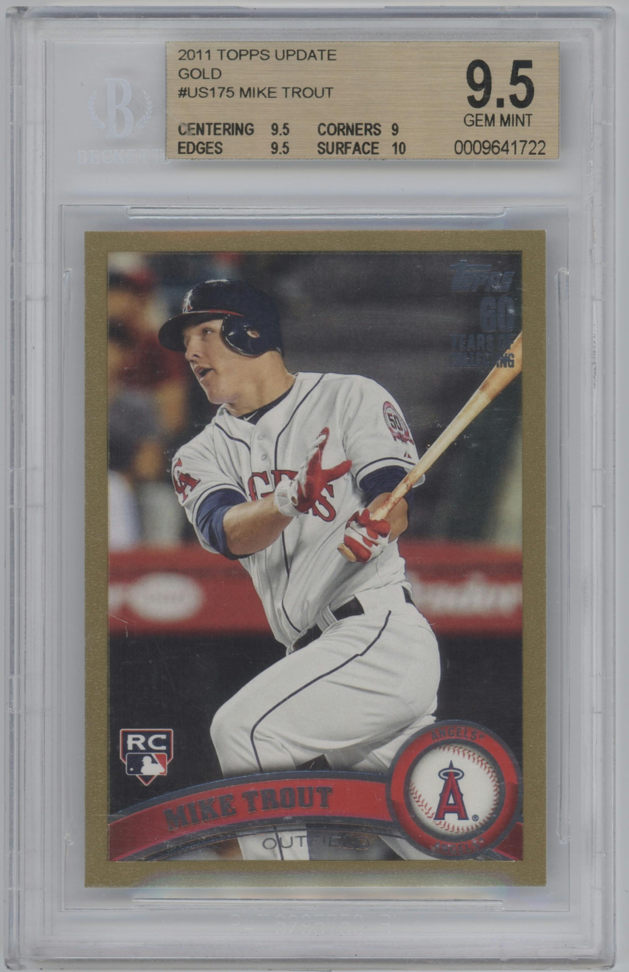 Mike Trout  from the 2011 Topps Update Series Baseball set featuring a Gold parallel graded by Beckett and given an overall grade of 9.5.