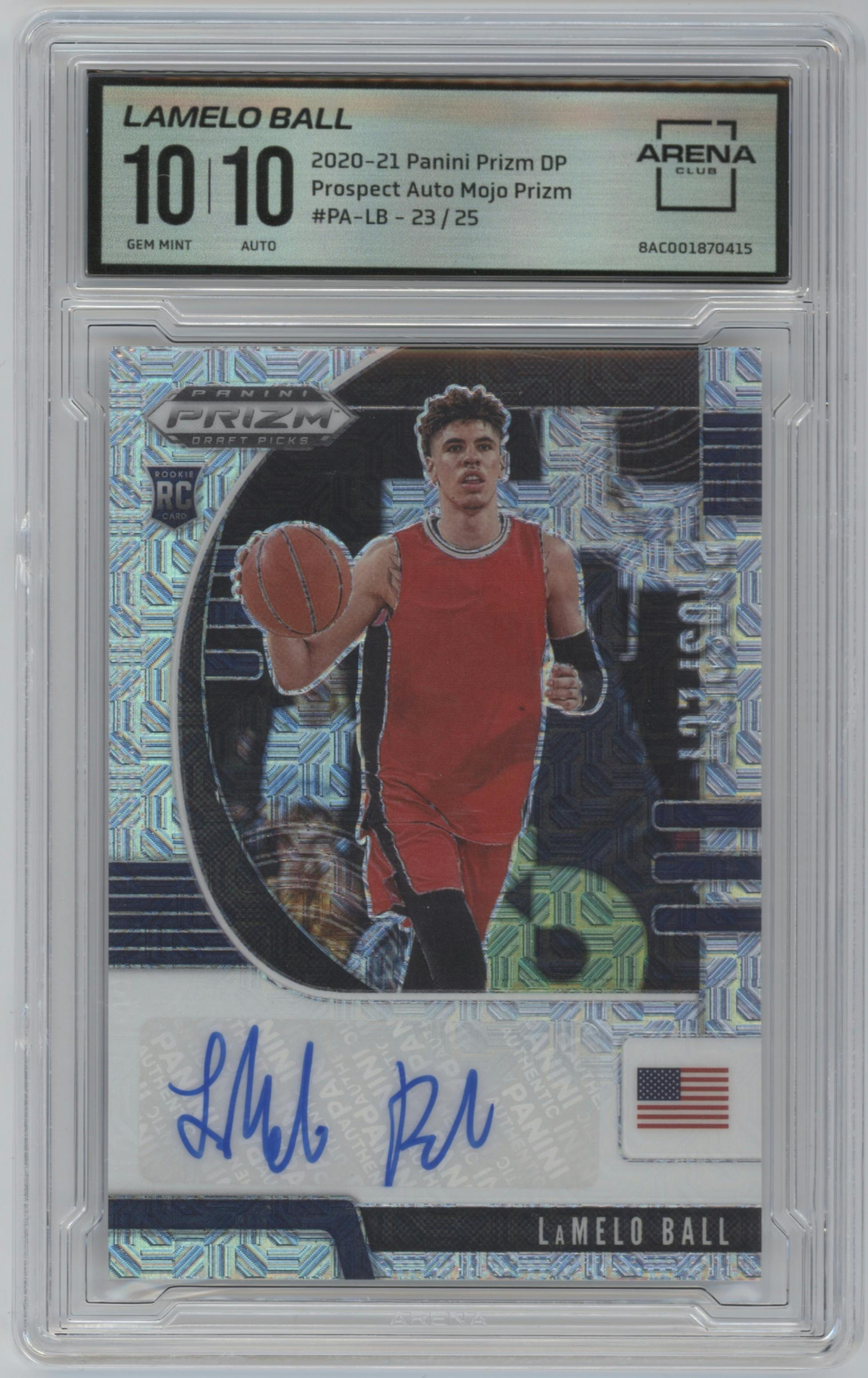 LaMelo Ball from the 2020-21 Panini Prizm Draft Picks set featuring a Mojo Prizm parallel graded by Arena Club and given an overall grade of 10.