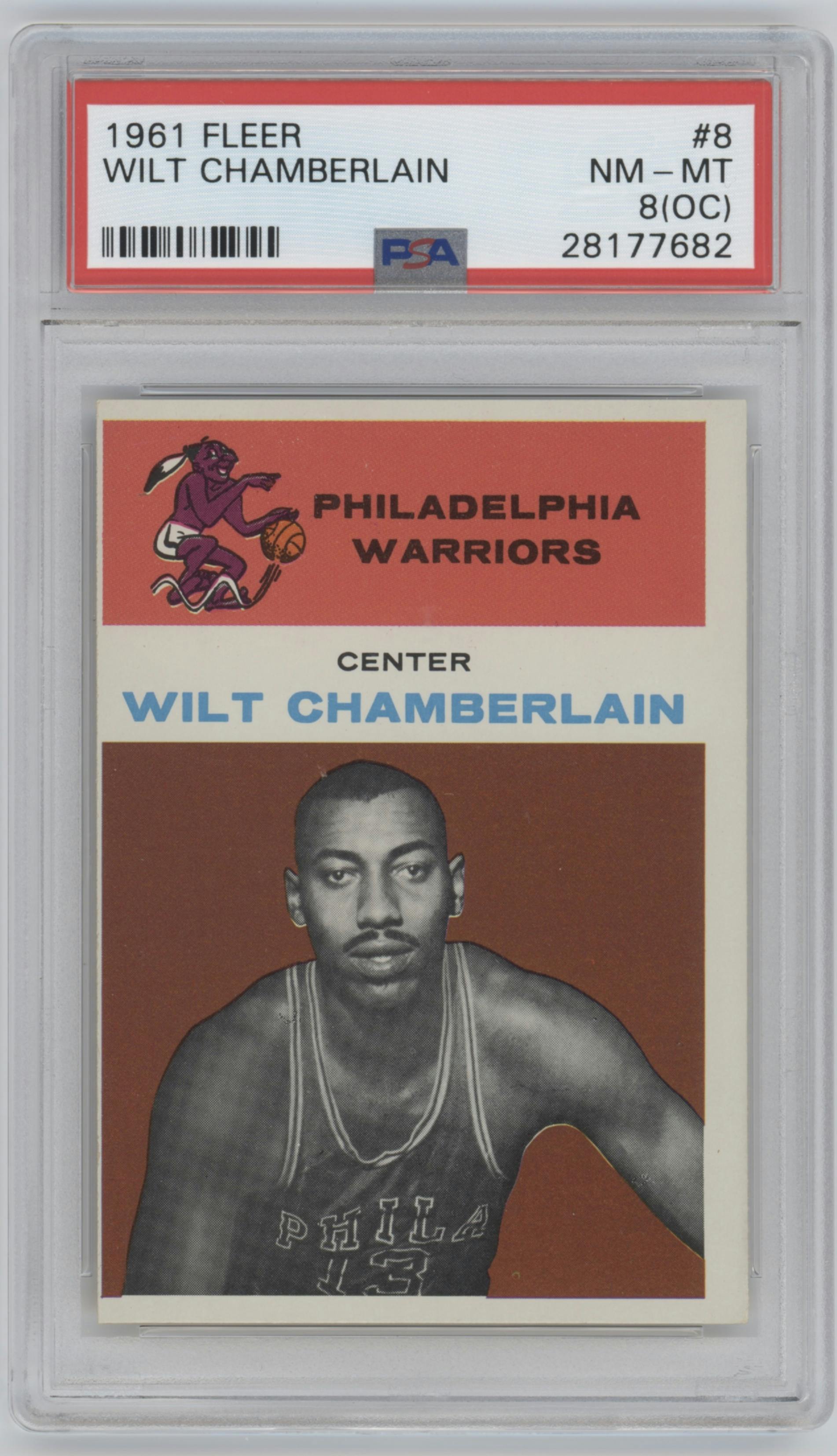 Wilt Chamberlain from the 1961 Fleer set graded by PSA and given an overall grade of 8.