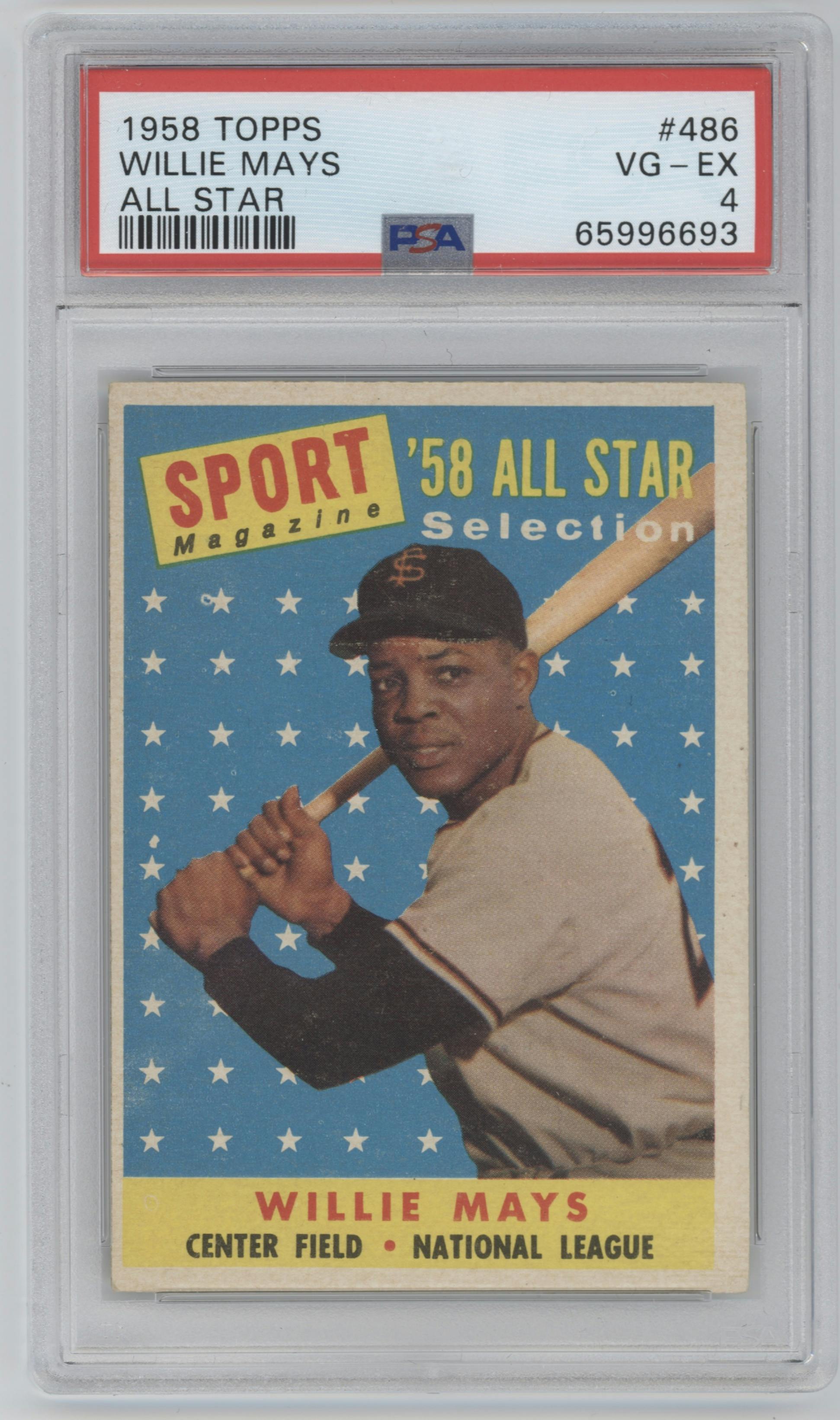 Willie Mays from the 1958 Topps set graded by PSA and given an overall grade of 4.
