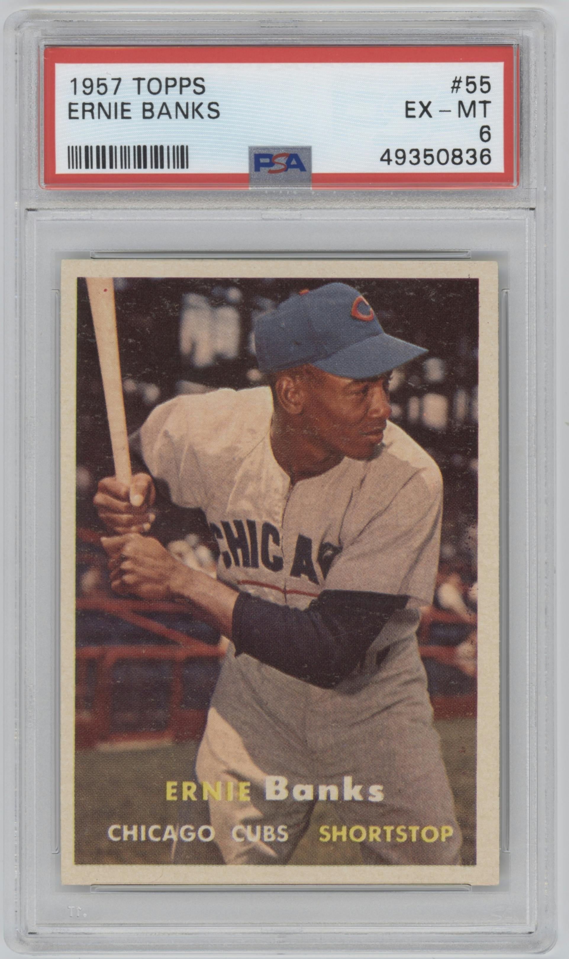 Ernie Banks from the 1957 Topps set graded by PSA and given an overall grade of 6.