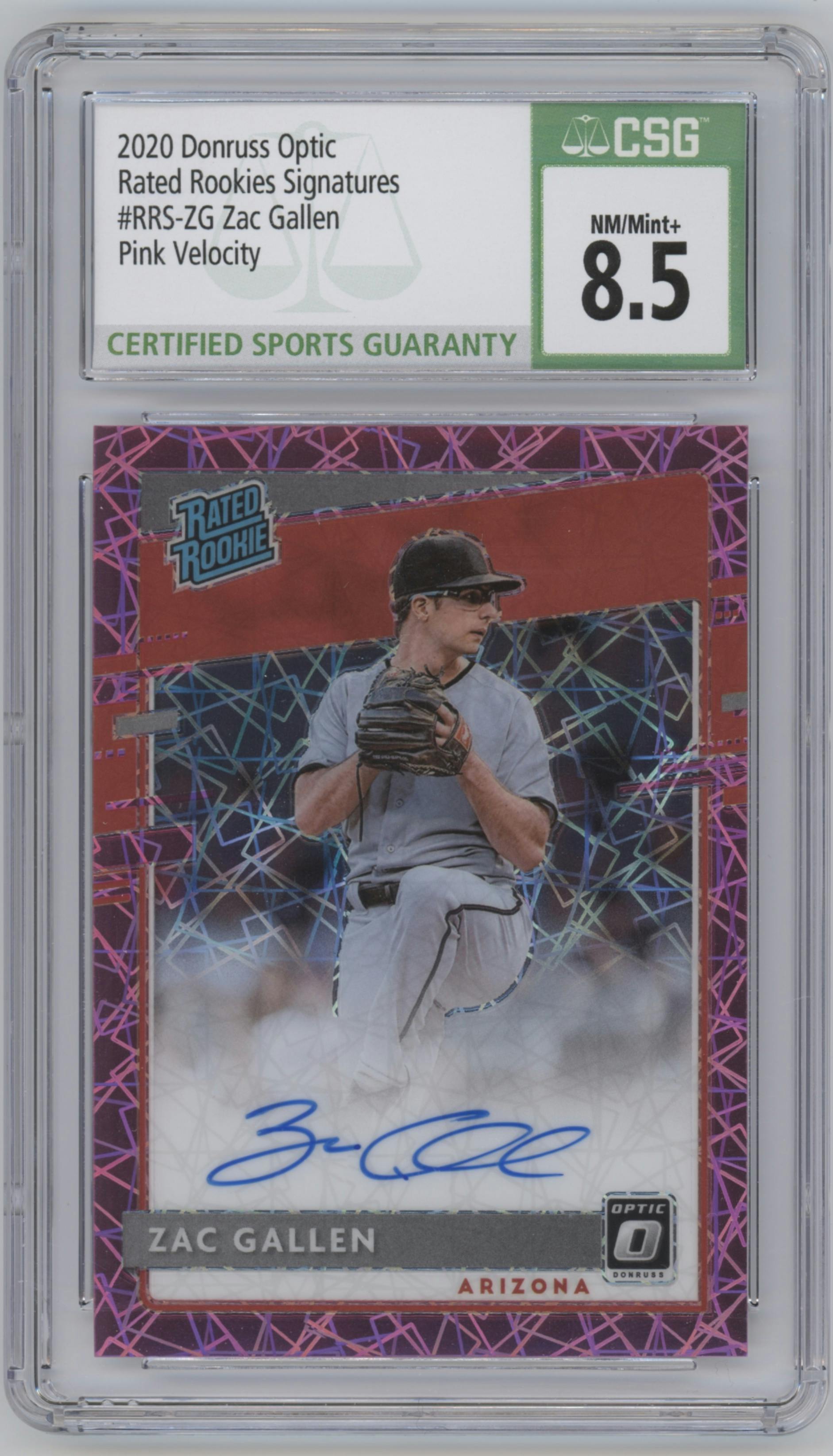 Zac Gallen from the 2020 Panini Donruss Optic set featuring a Pink Velocity parallel graded by SGC and given an overall grade of 8.5.