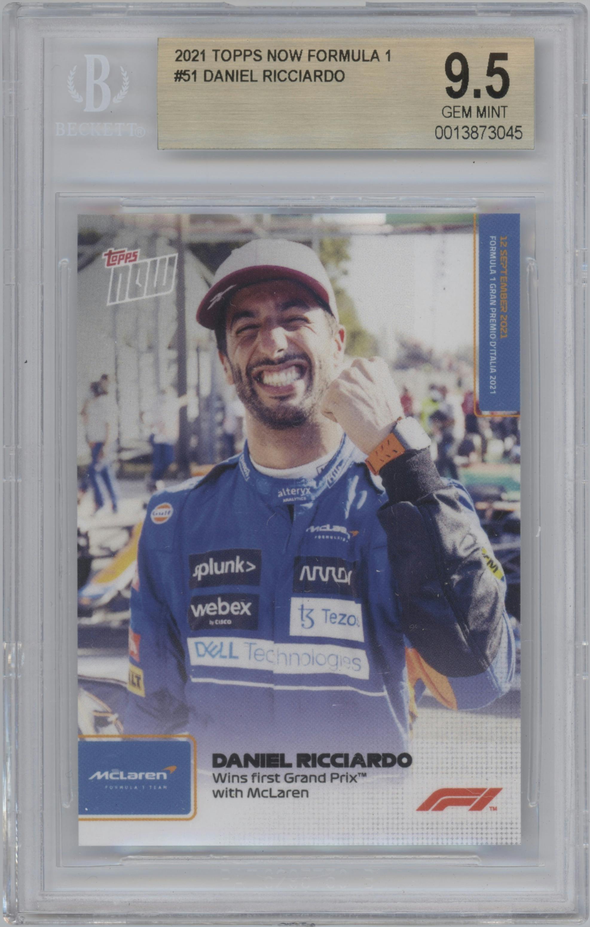 Daniel Ricciardo from the 2021 Topps Now Formula 1 set graded by Beckett and given an overall grade of 9.5.