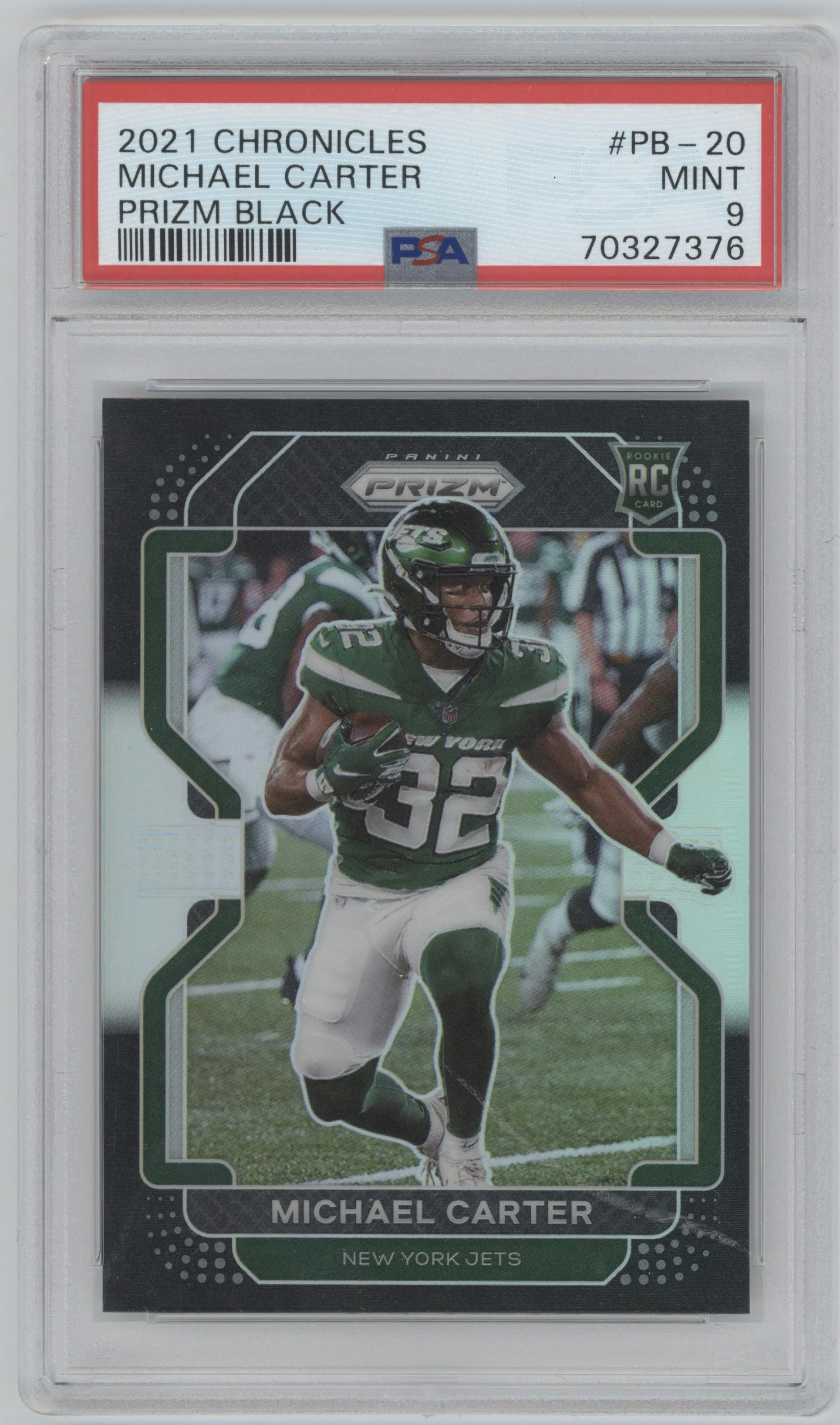 Michael Carter from the 2021 Panini Chronicles set graded by PSA and given an overall grade of 10.