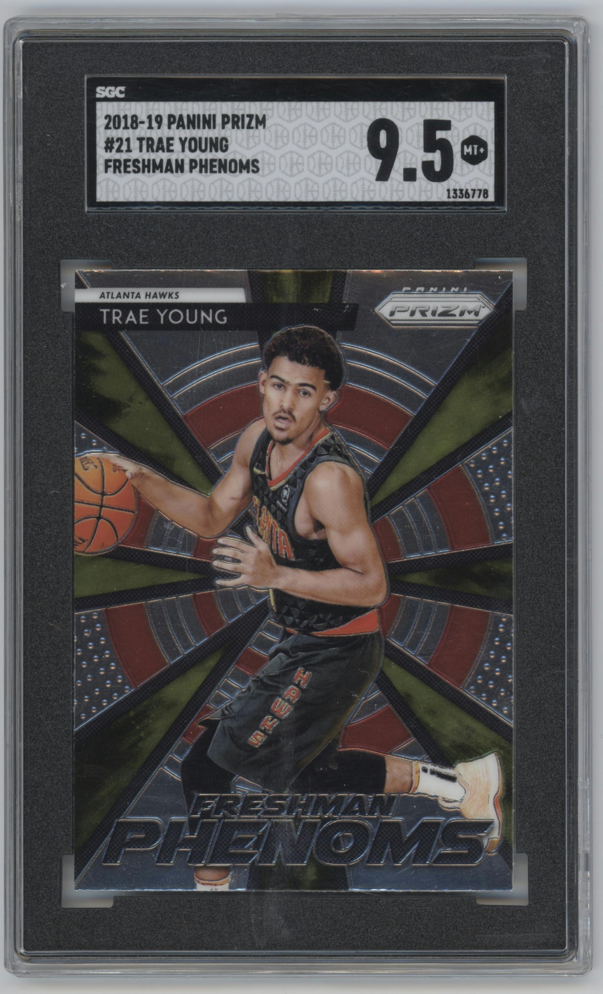 Trae Young from the 2018-19 Panini Prizm set graded by SGC and given an overall grade of 9.5.
