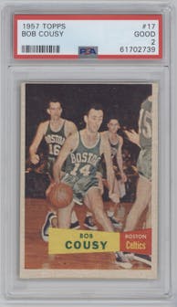 Bob Cousy from the 1957-58 Topps Basketball set graded by PSA and given an overall grade of 2.