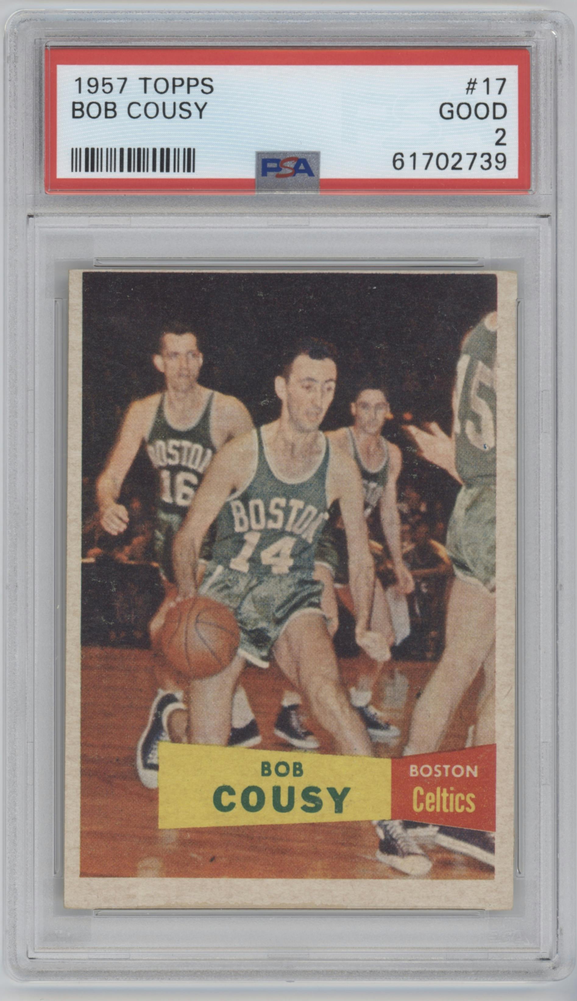 Bob Cousy from the 1957-58 Topps Basketball set graded by PSA and given an overall grade of 2.