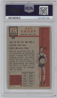 Bob Cousy from the 1957-58 Topps Basketball set graded by PSA and given an overall grade of 2.