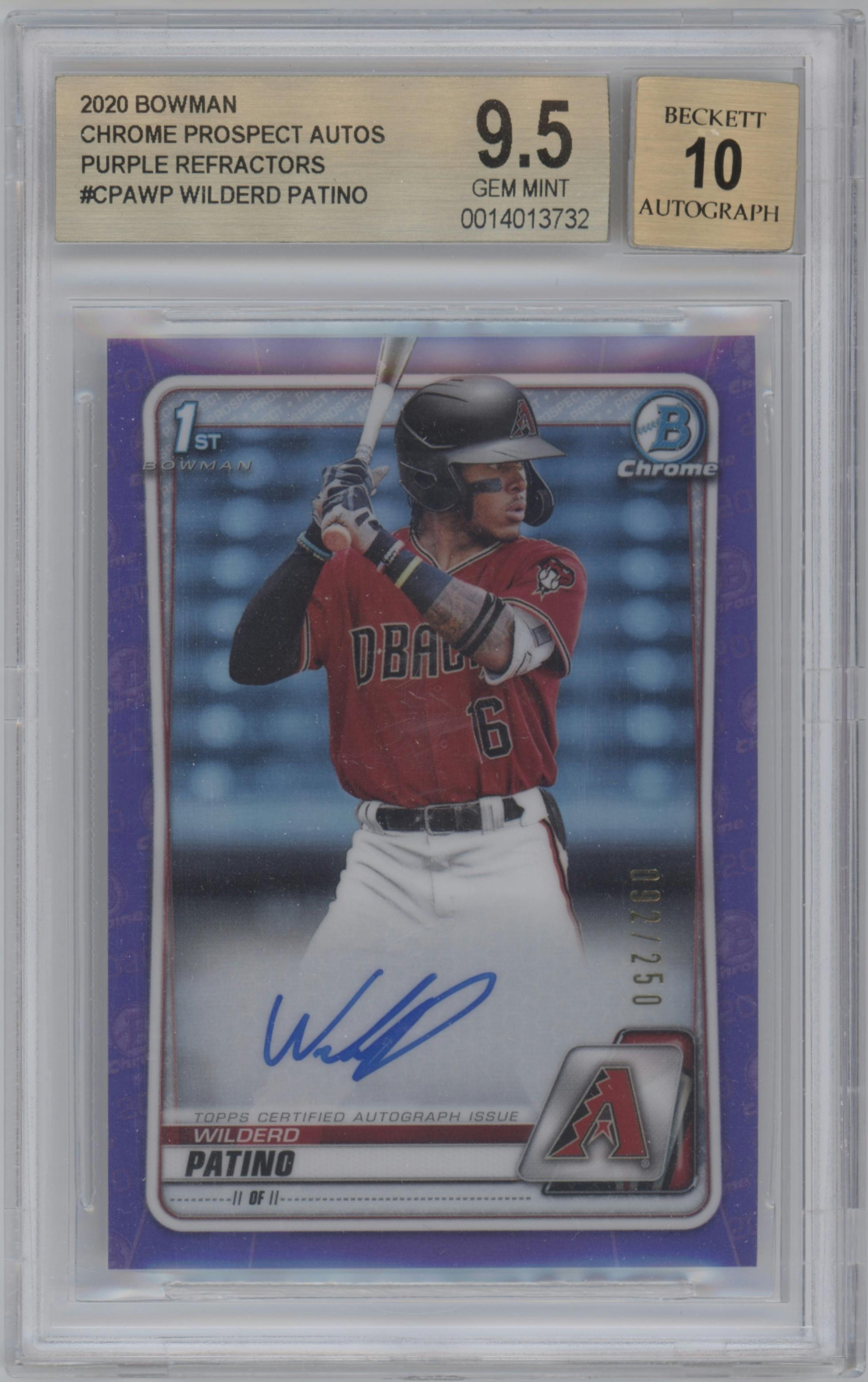 Wilderd Patino from the 2020 Bowman Chrome set featuring a Purple Refractor  parallel graded by Beckett and given an overall grade of 9.5.