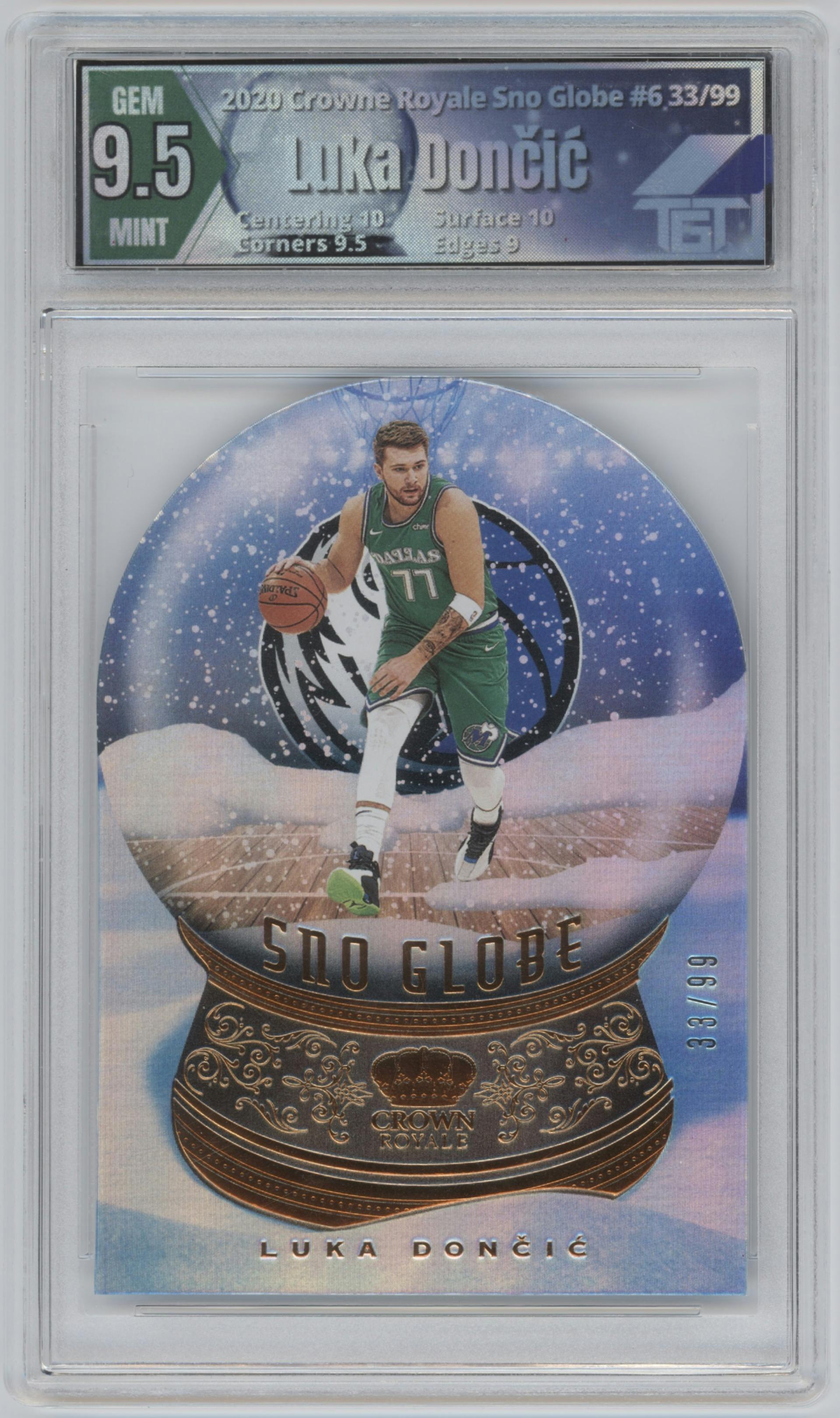 Luka Doncic from the 2020-21 Panini Crown Royale set graded by Arena Club and given an overall grade of 9.5.