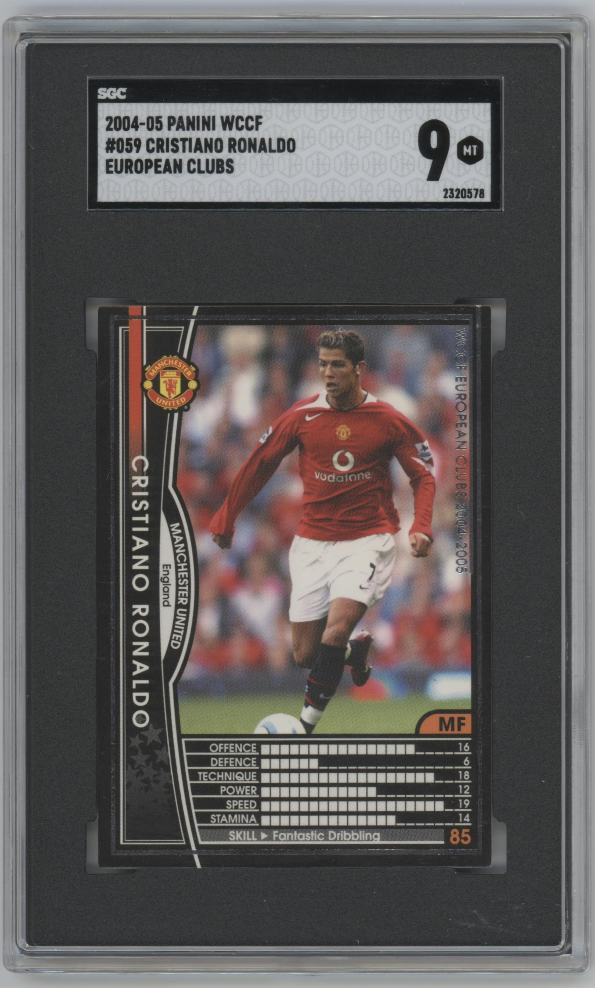 Cristiano Ronaldo from the 2004-05 Panini WCCF set graded by SGC and given an overall grade of 9.