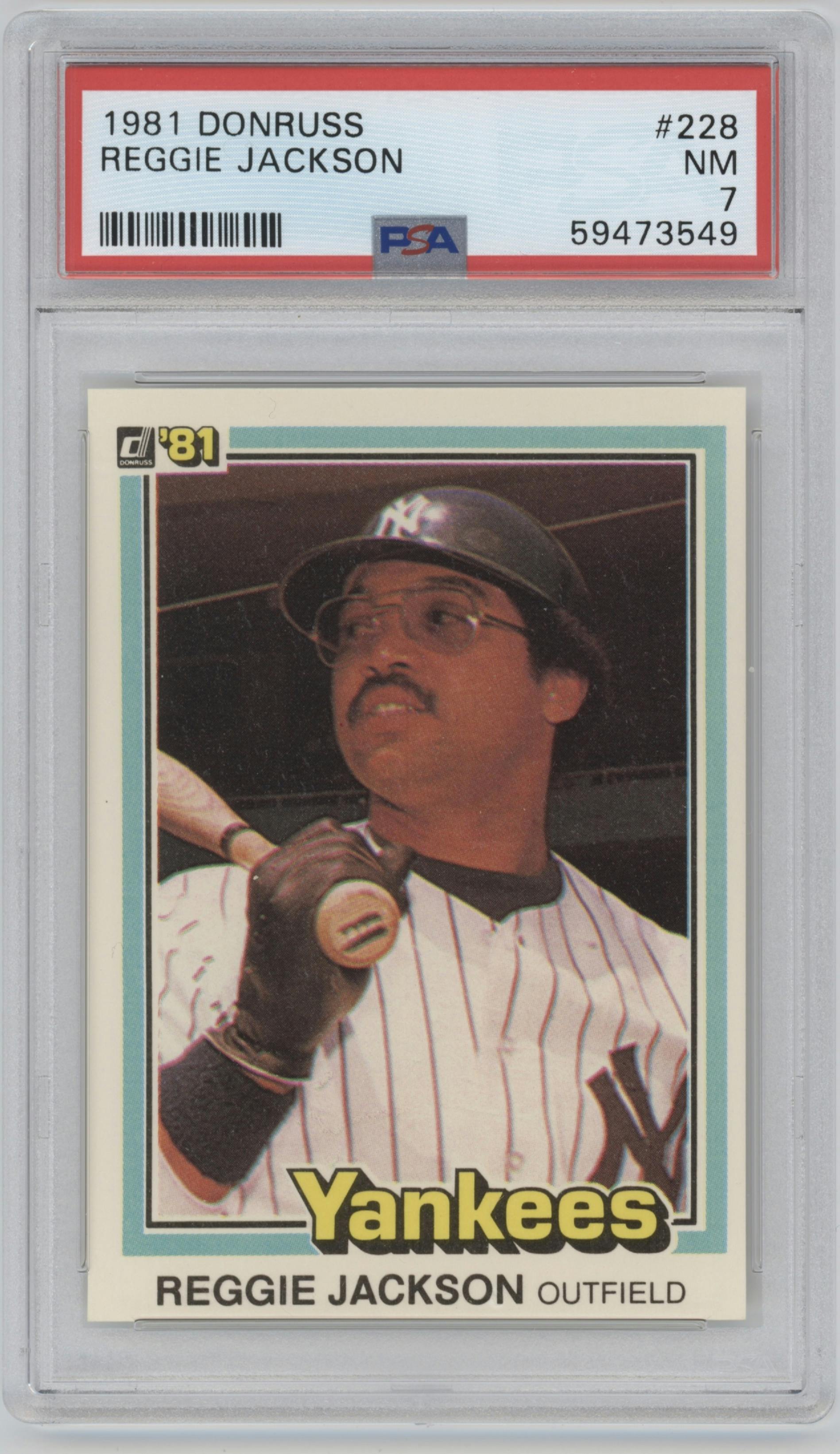 Reggie Jackson from the 1981 Donruss set graded by PSA and given an overall grade of 7.