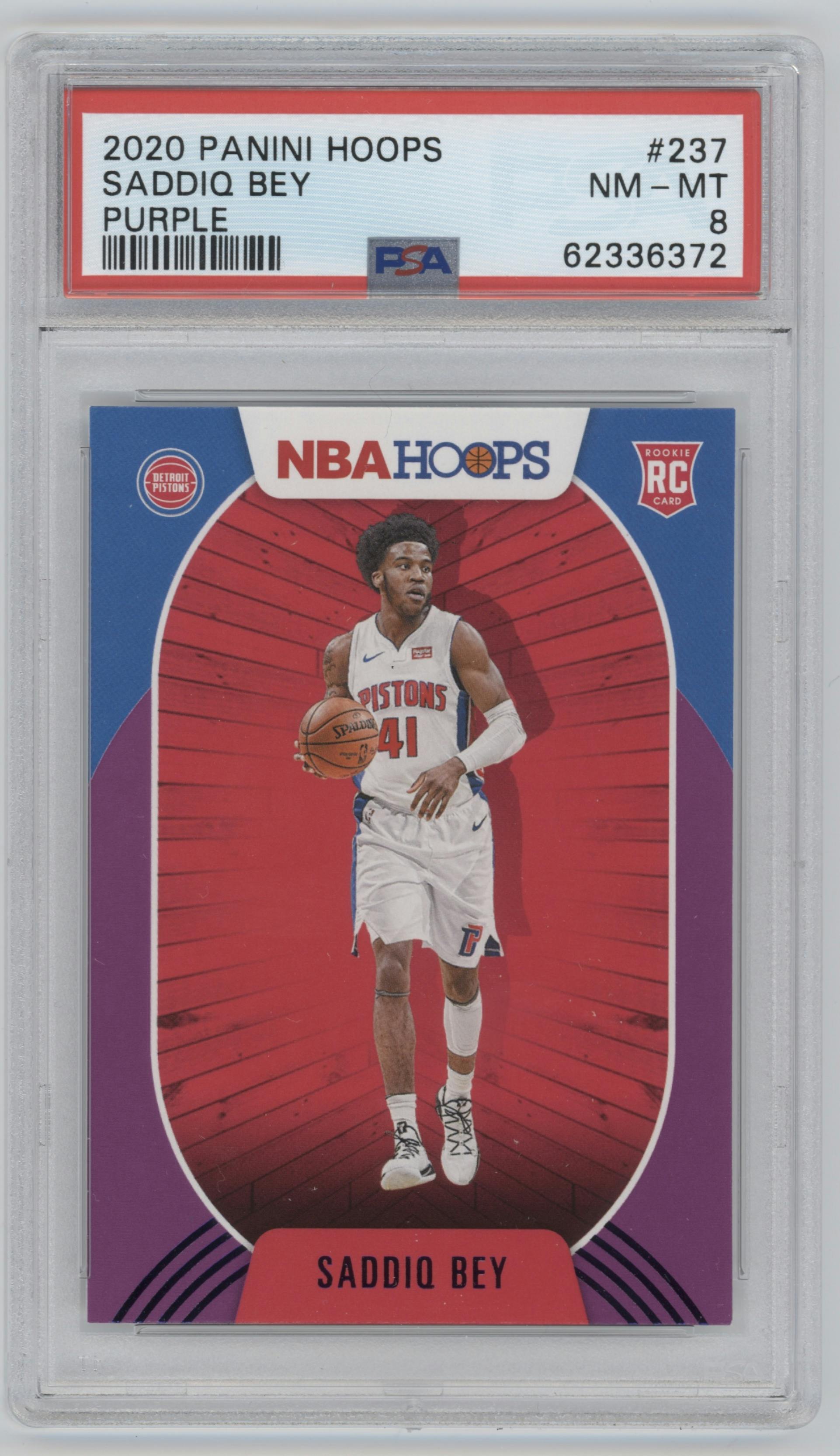 Saddiq Bey from the 2020-21 Panini NBA Hoops set featuring a Purple parallel graded by PSA and given an overall grade of 8.