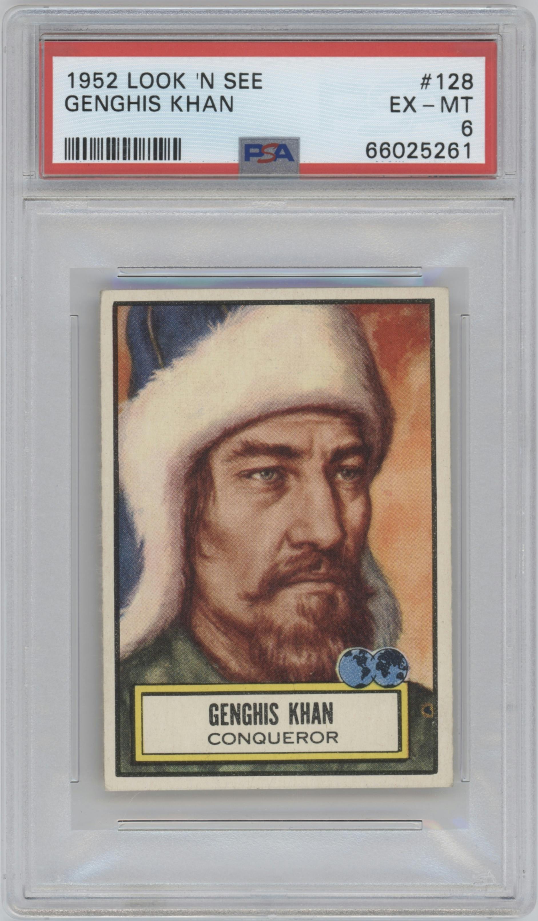 Genghis Khan from the 1952 Topps Look 'n See Trading Cards set graded by PSA and given an overall grade of 6.