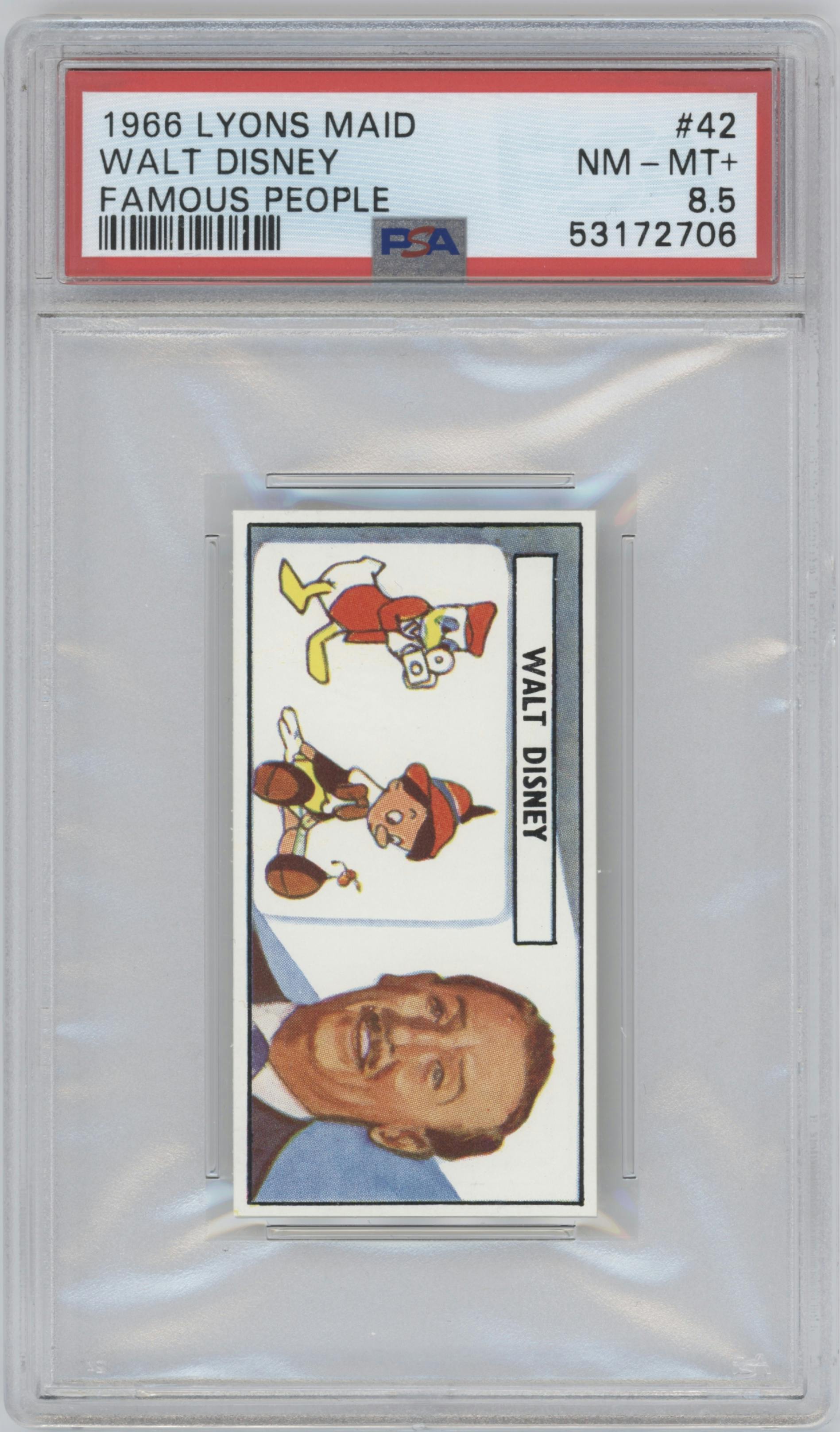 Walt Disney from the 1966 Lyons Maid Famous People set graded by PSA and given an overall grade of 8.5.