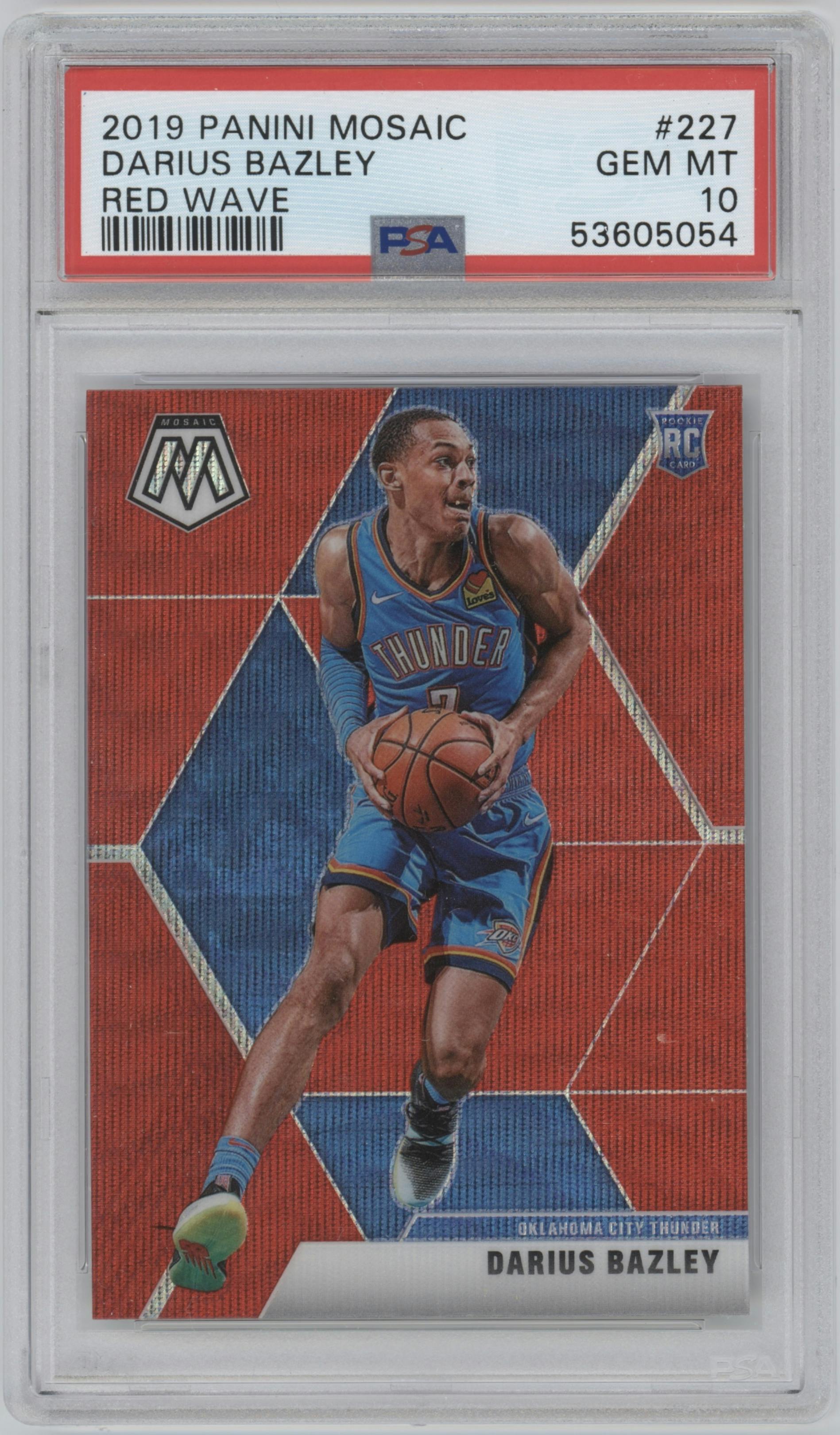 Darius Bazley from the 2019-20 Panini Mosaic  set featuring a Red Wave parallel graded by PSA and given an overall grade of 10.