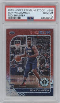 Zion Williamson from the 2019-20 Panini Hoops Premium Stock set featuring a Red Shimmer parallel graded by PSA and given an overall grade of 10.