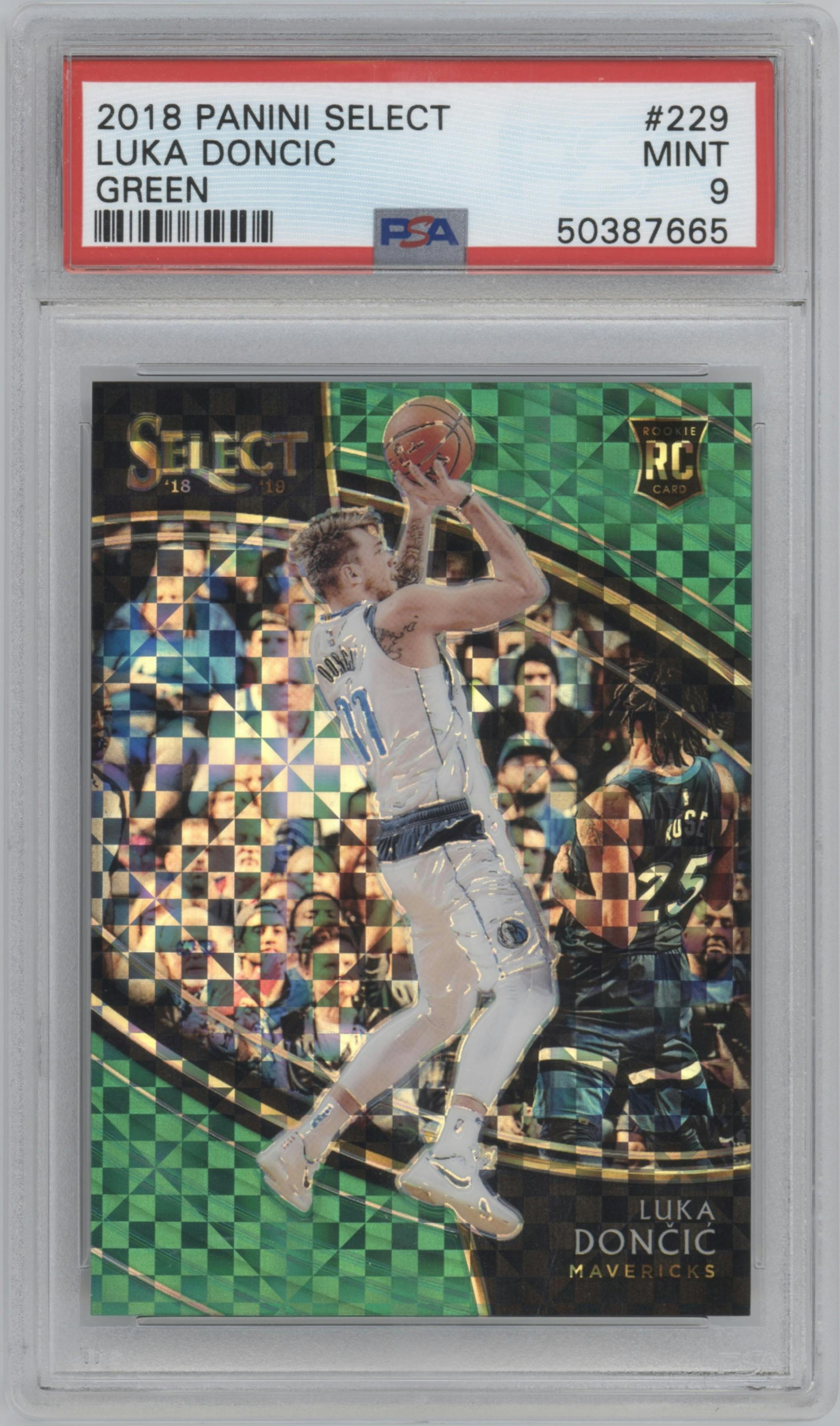 Luka Doncic from the 2018-19 Panini Select  set featuring a Green Prizm parallel graded by PSA and given an overall grade of 9.