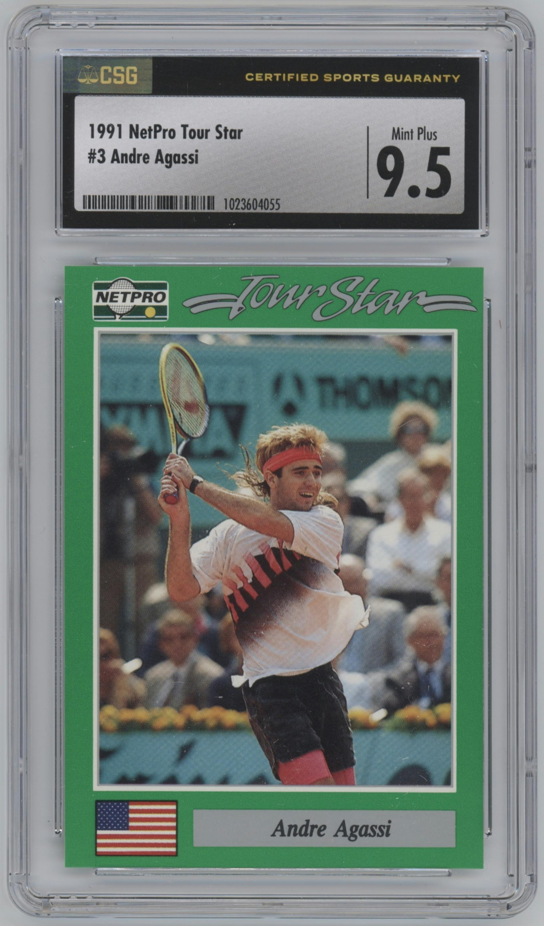 Andre Agassi from the 1991 Net Pro Tour Star set graded by CSG and given an overall grade of 9.5.