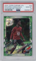 Eduardo Camavinga from the 2020-21 Topps Chrome Sapphire Edition UEFA Champions League set featuring a Sapphire Green parallel graded by PSA and given an overall grade of 10.