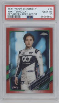 Yuki Tsunoda from the 2021 Topps Chrome F1  set featuring a Red/Green Refractor parallel graded by PSA and given an overall grade of 10.