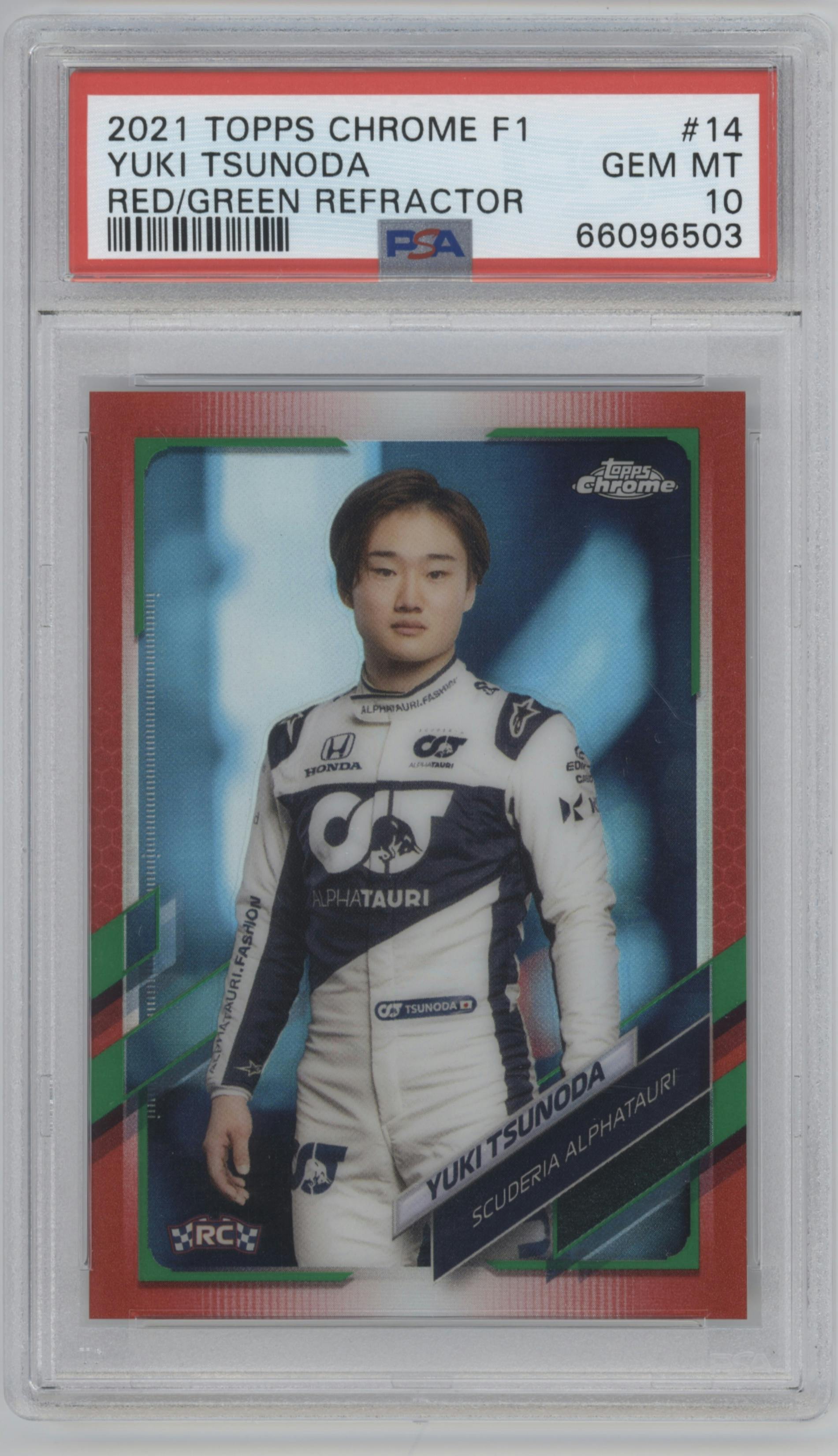 Yuki Tsunoda from the 2021 Topps Chrome F1  set featuring a Red/Green Refractor parallel graded by PSA and given an overall grade of 10.