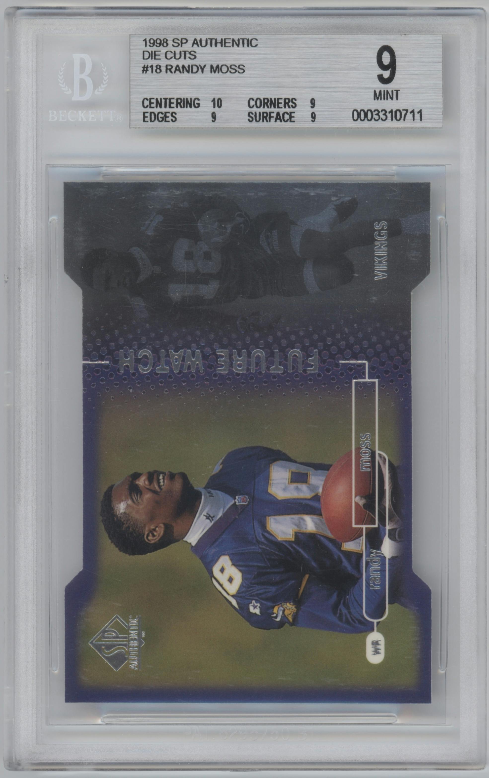 Randy Moss from the 1998 SP Authentic Football set featuring a Die Cuts parallel graded by Beckett and given an overall grade of 9.