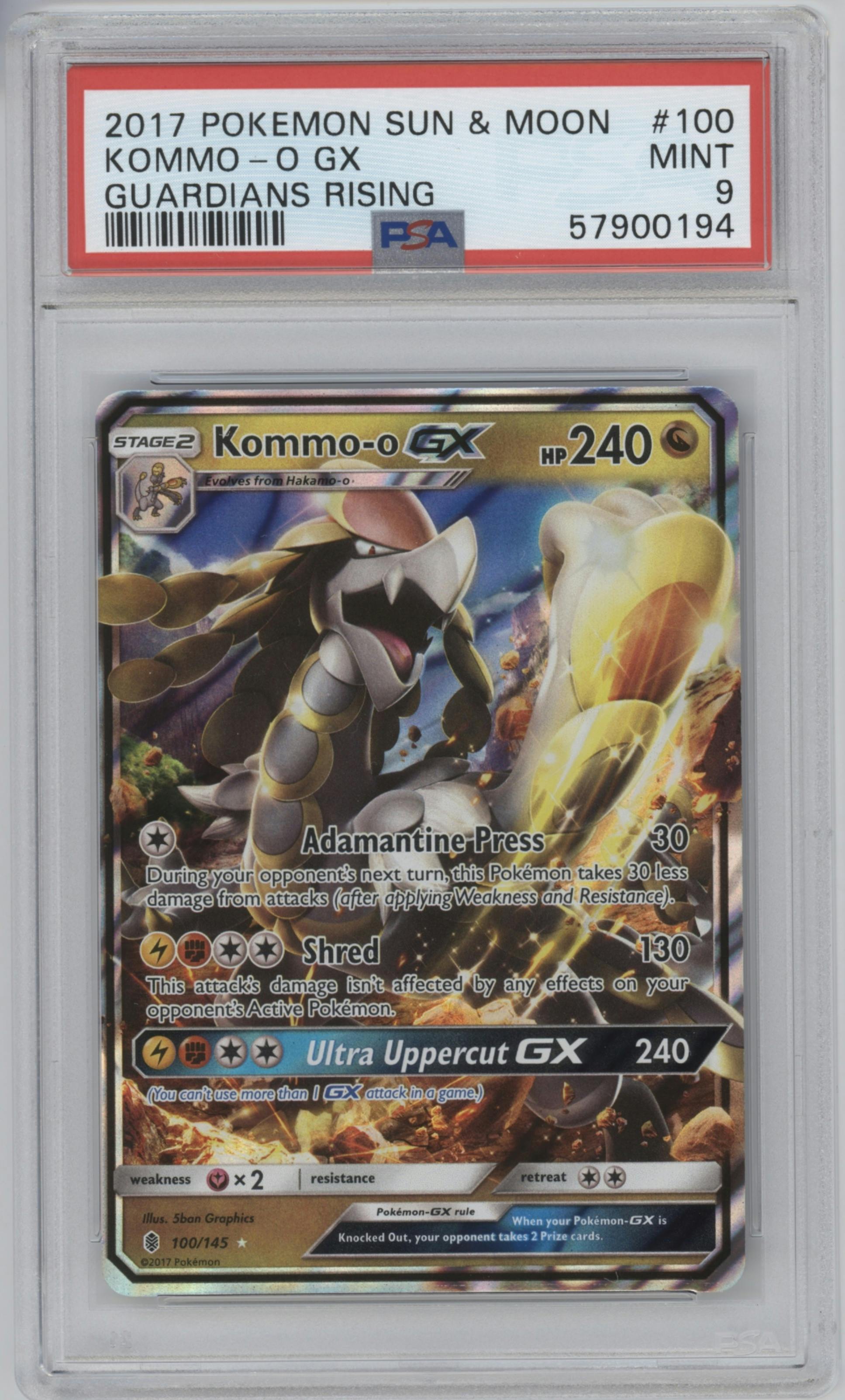 Kommo-o GX from the 2017 Pokemon S & M set graded by PSA and given an overall grade of 9.