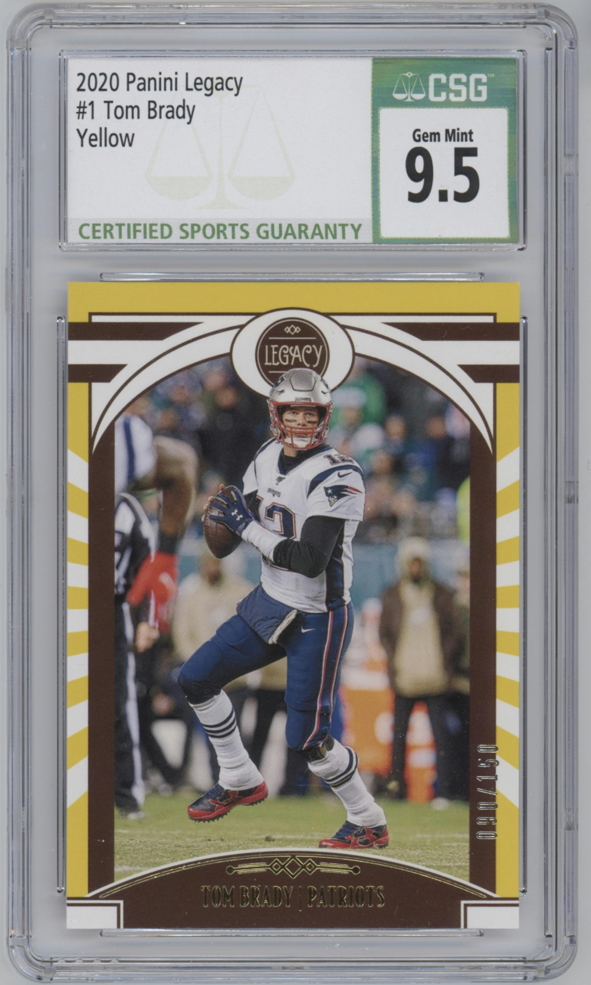 Tom Brady from the 2020 Panini Legacy set featuring a Yellow parallel graded by CSG and given an overall grade of 9.5.