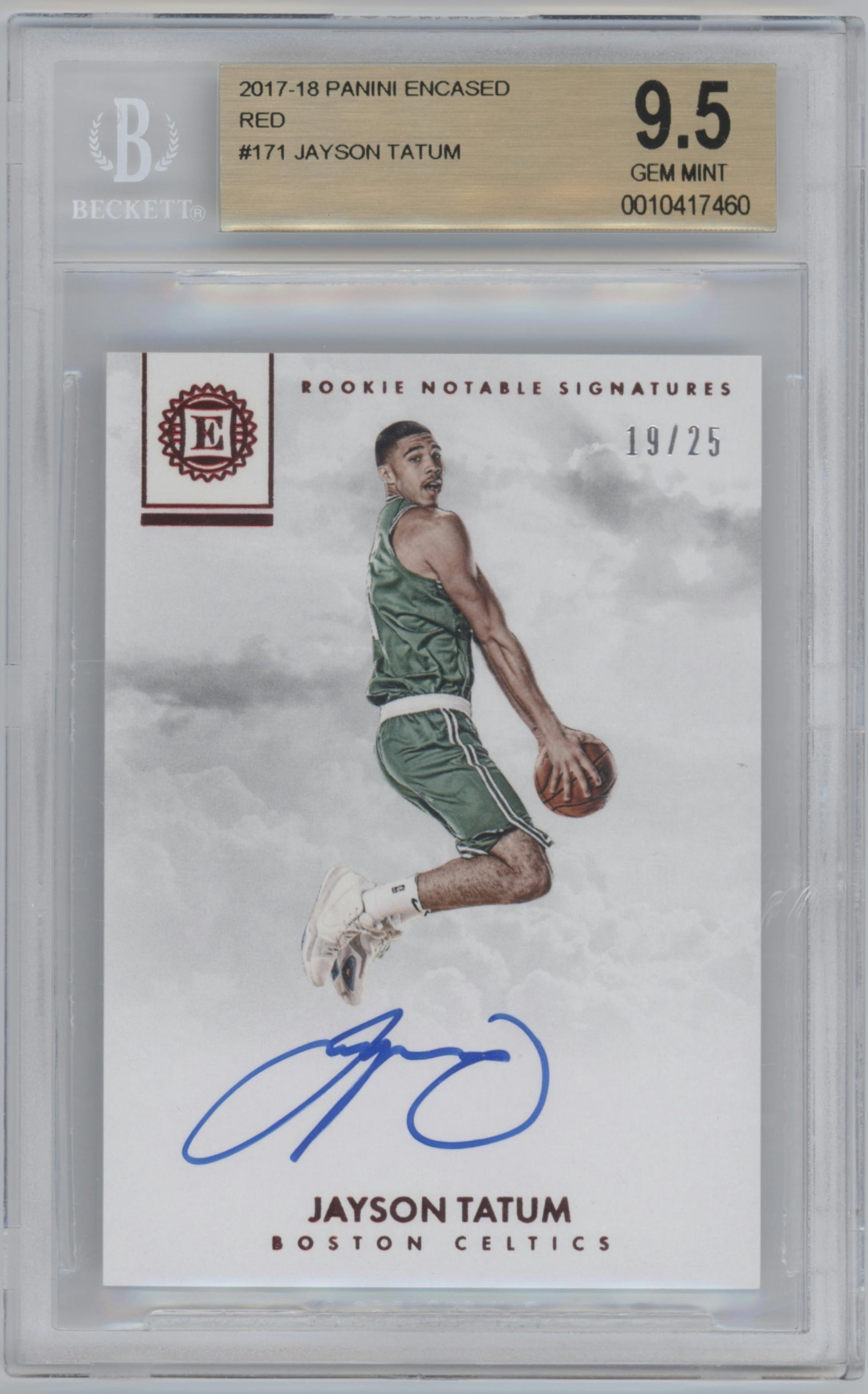 Jayson Tatum from the 2017-18 Panini Encased Basketball set featuring a Red parallel graded by Beckett and given an overall grade of 9.5.