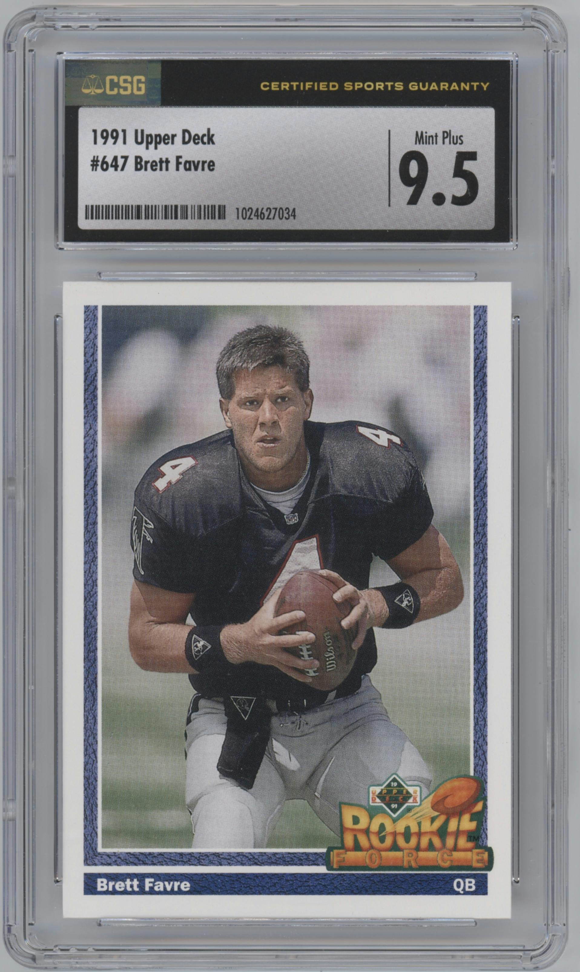 Brett Favre from the 1991 Upper Deck set graded by CSG and given an overall grade of 9.5.