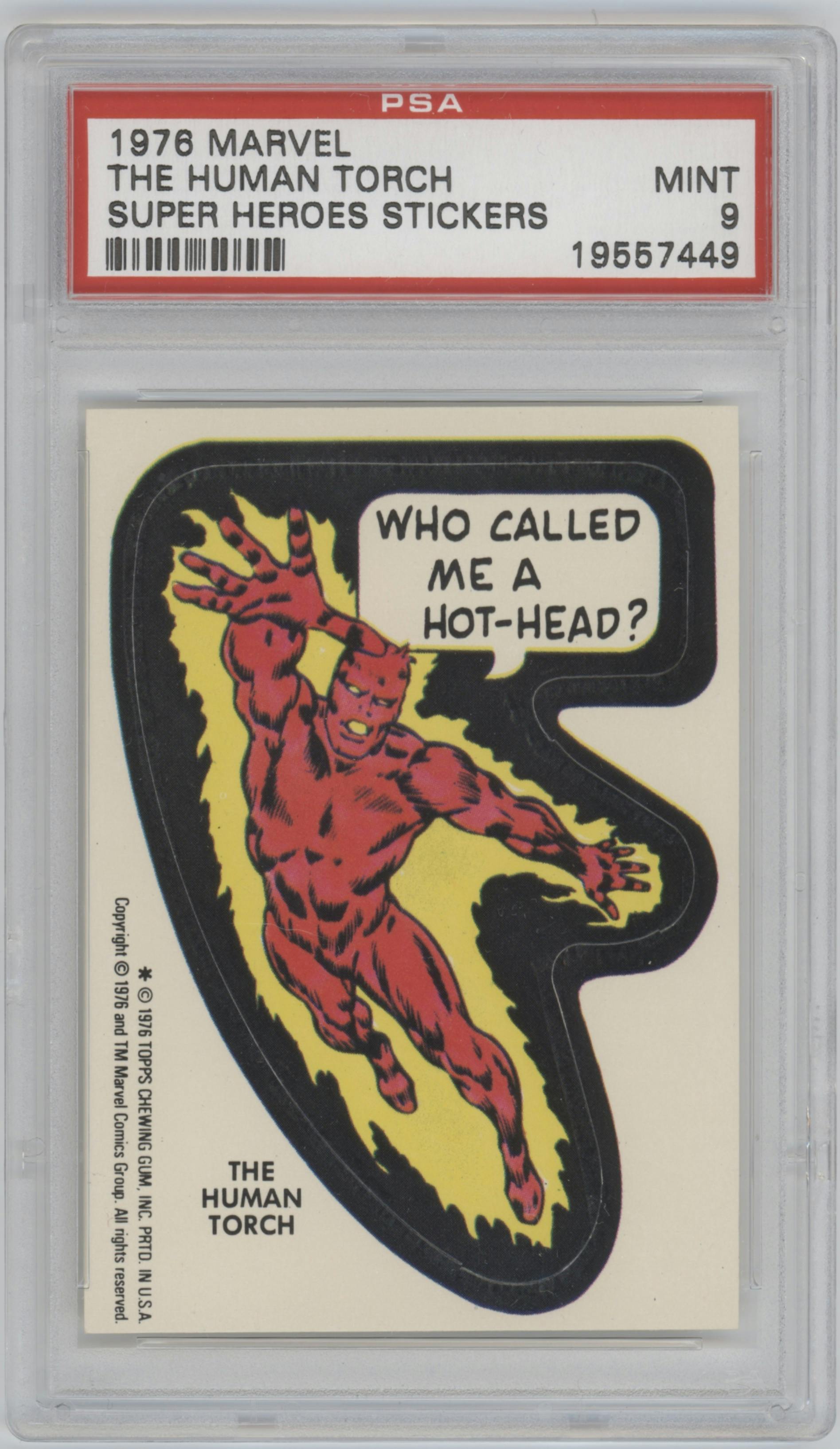 The Human Torch from the 1976 Topps Marvel Super Heroes Stickers set graded by PSA and given an overall grade of 9.