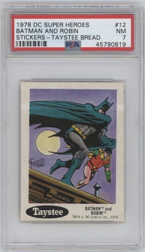 Batman And Robin from the 1978 Taystee DC Super Heroes Stickers set graded by PSA and given an overall grade of 7.