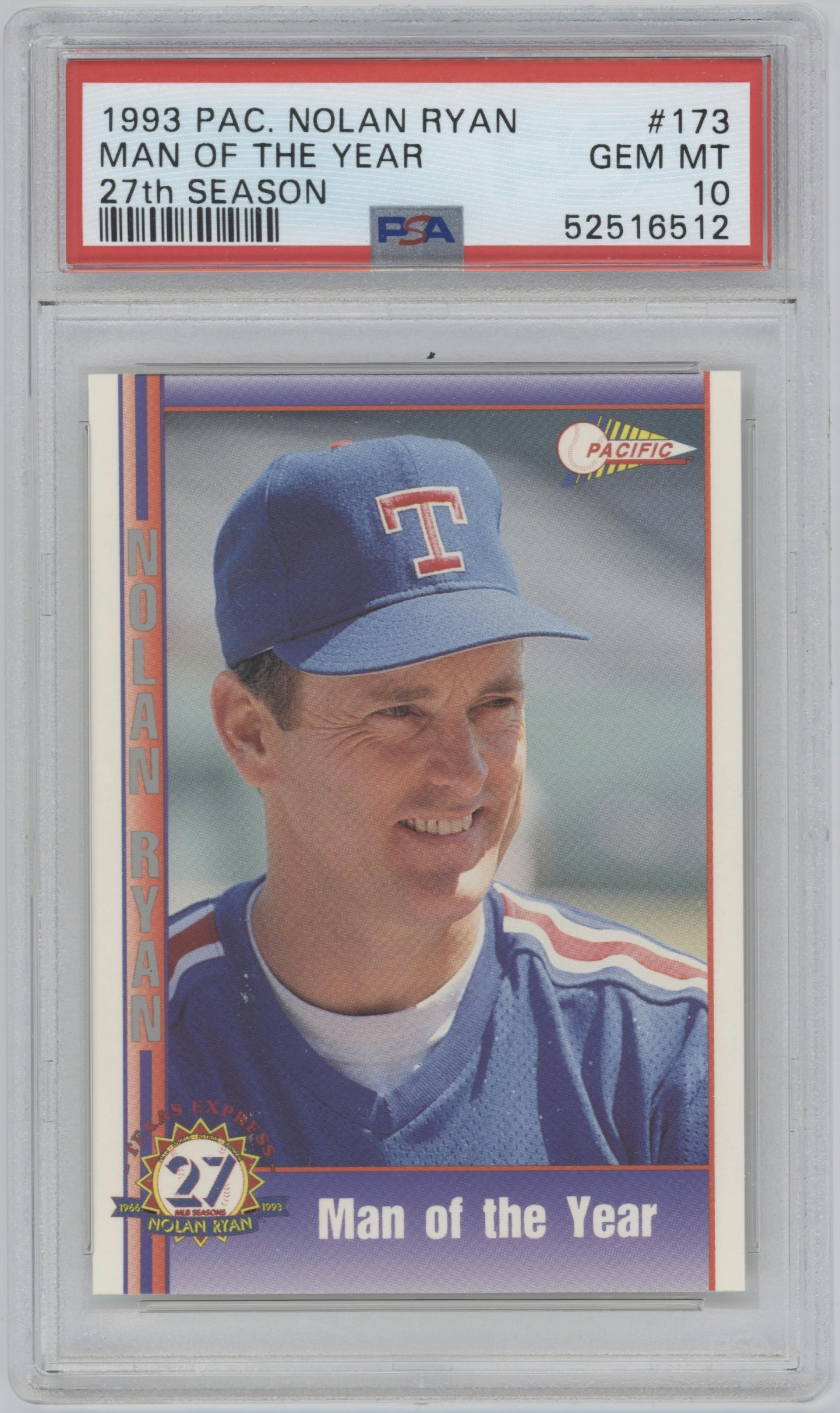 Nolan Ryan from the 1993 Pacific Nolan Ryan 27th Season set graded by PSA and given an overall grade of 10.