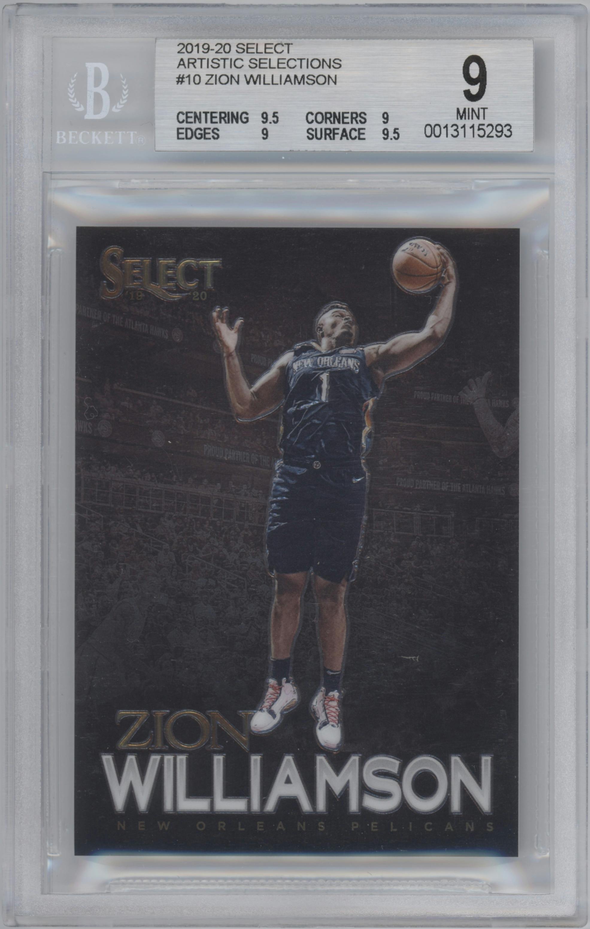 Zion Williamson from the 2019-20 Panini Select set graded by Beckett and given an overall grade of 9.