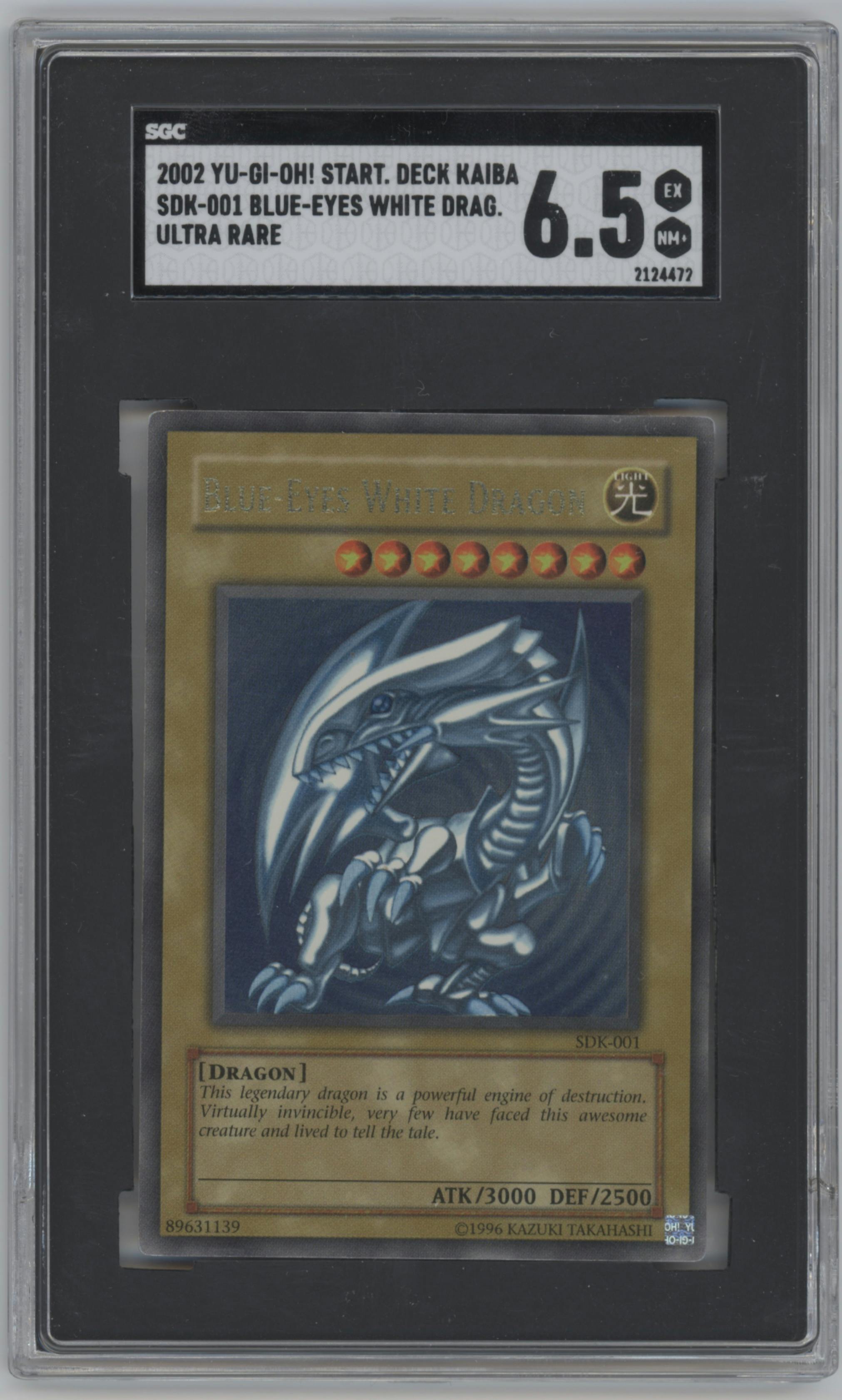 Blue-Eyes White Dragon from the 2002 Yu-Gi-Oh! EN set graded by SGC and given an overall grade of 6.5.