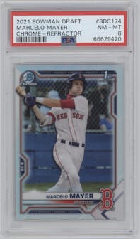 Marcelo Mayer from the 2021 Bowman Draft set featuring a Refractor parallel graded by PSA and given an overall grade of 8.