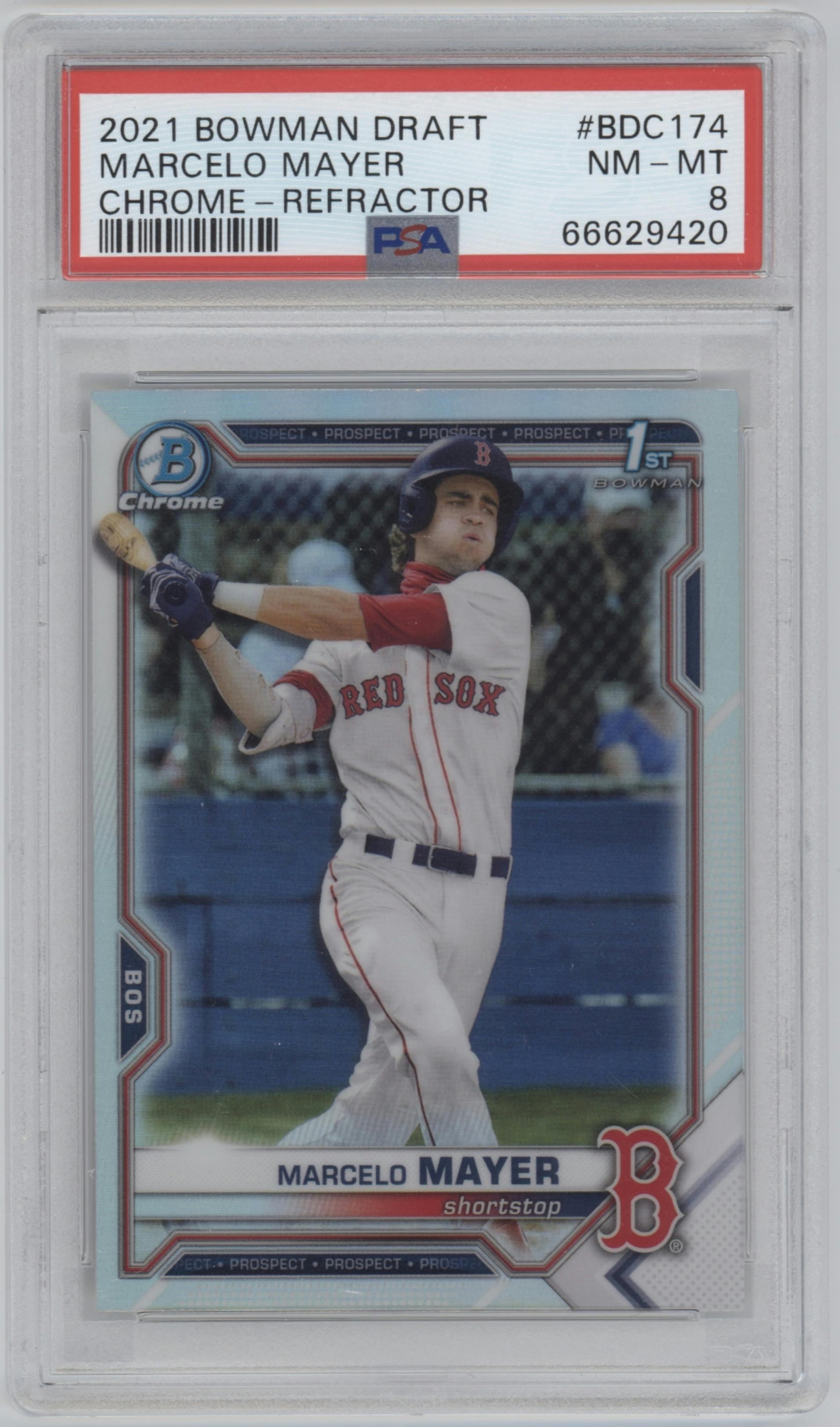 Marcelo Mayer from the 2021 Bowman Draft set featuring a Refractor parallel graded by PSA and given an overall grade of 8.