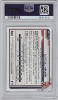 Marcelo Mayer from the 2021 Bowman Draft set featuring a Refractor parallel graded by PSA and given an overall grade of 8.
