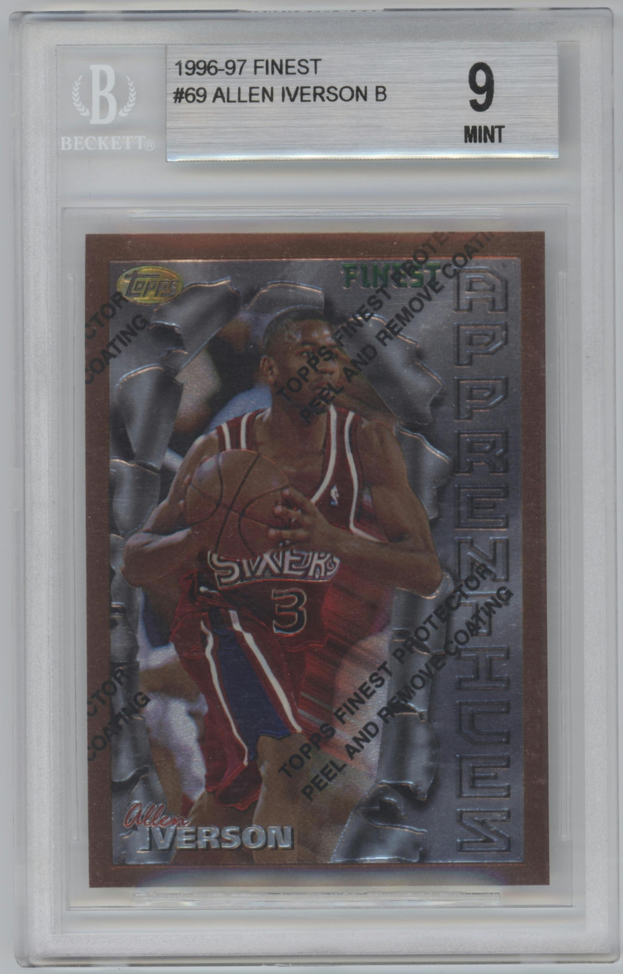 Allen Iverson from the 1996-97 Topps Finest set featuring a W/Coating parallel graded by Beckett and given an overall grade of 9.