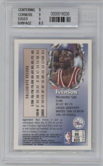 Allen Iverson from the 1996-97 Topps Finest set featuring a W/Coating parallel graded by Beckett and given an overall grade of 9.