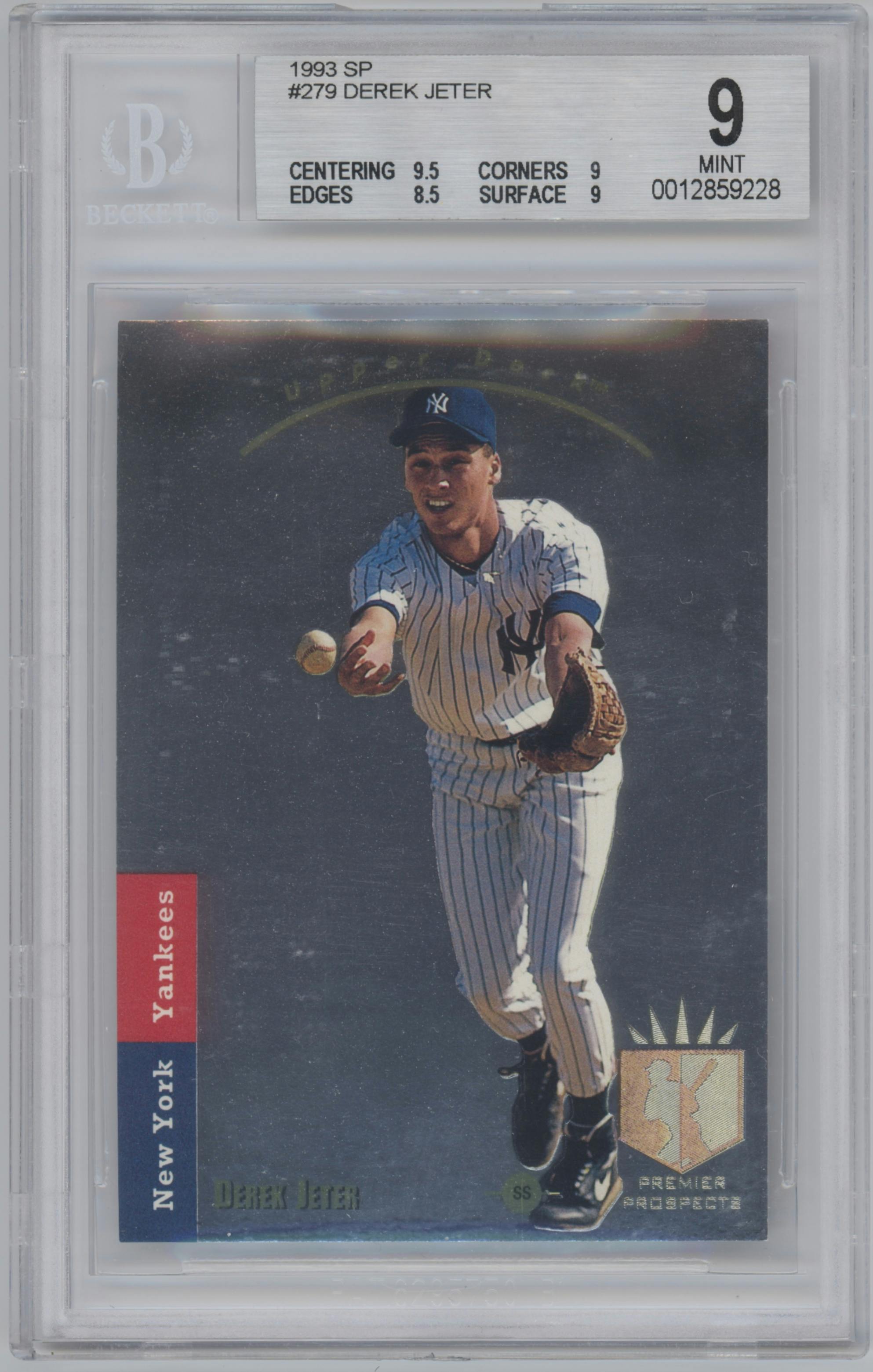 Derek Jeter from the 1993 Upper Deck SP set graded by Beckett and given an overall grade of 9.