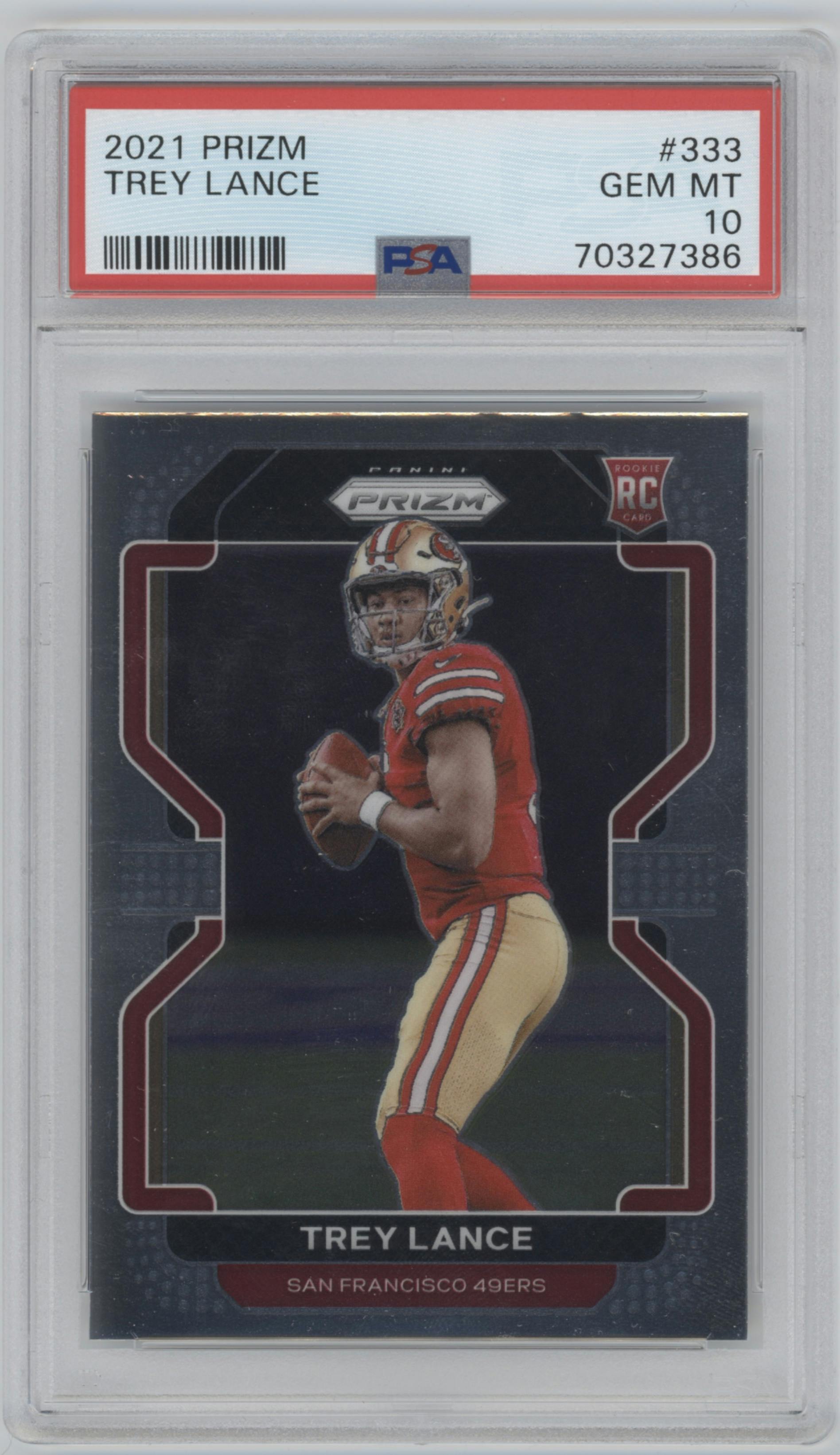 Trey Lance from the 2021 Panini Prizm set graded by PSA and given an overall grade of 10.