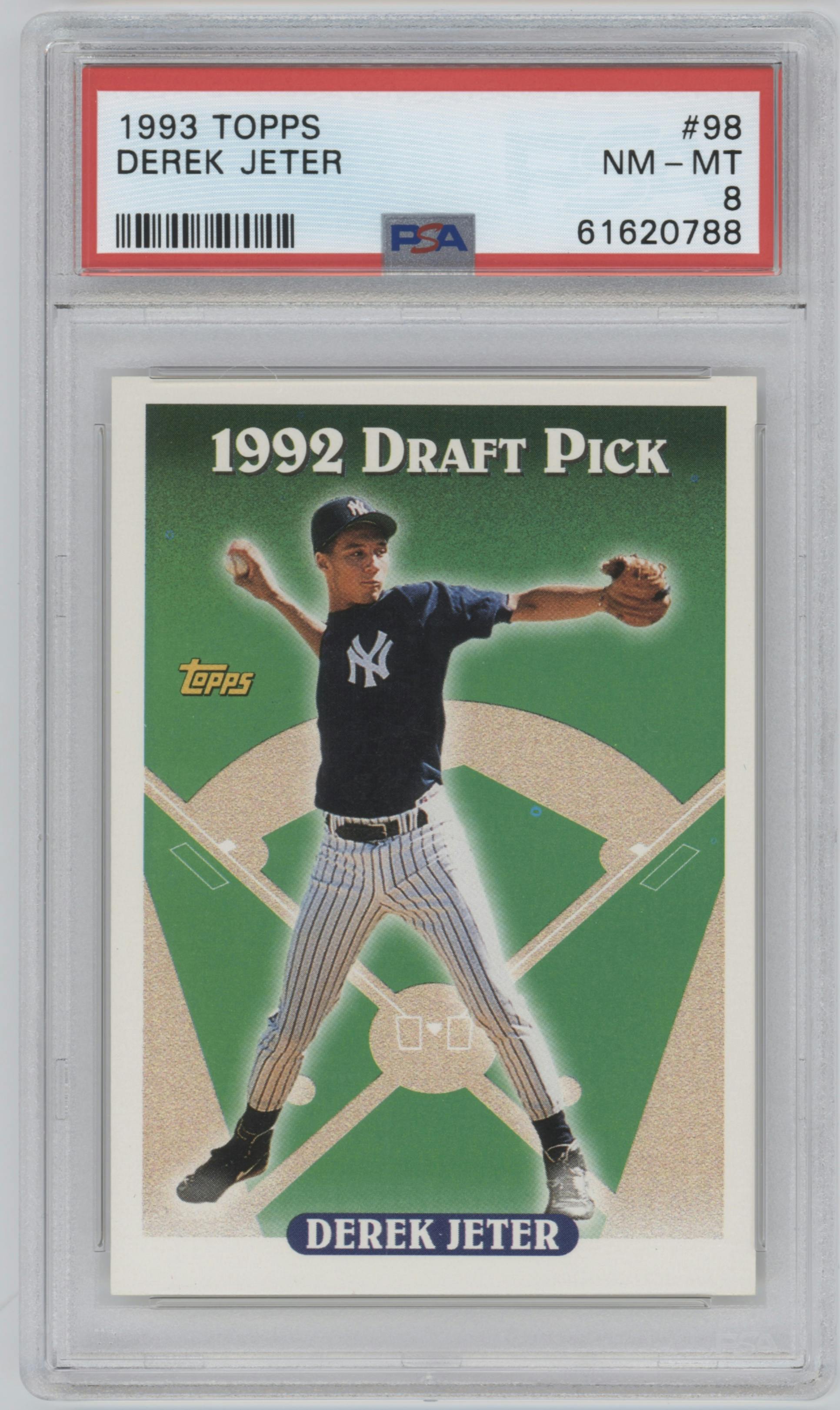 Derek Jeter from the 1993 Topps set graded by PSA and given an overall grade of 8.