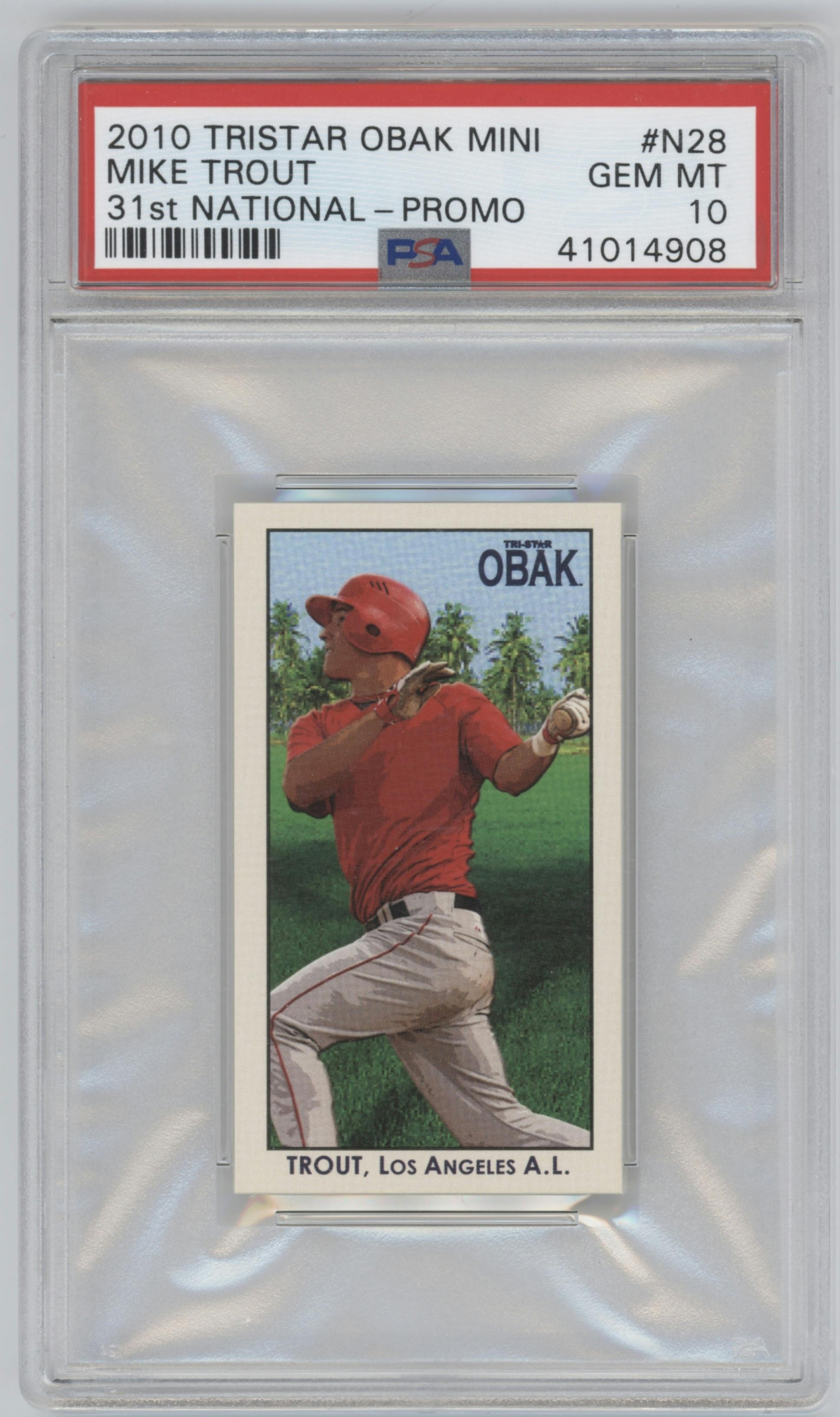 Mike Trout from the 2010 Tristar Obak National Convention Promo set graded by PSA and given an overall grade of 10.