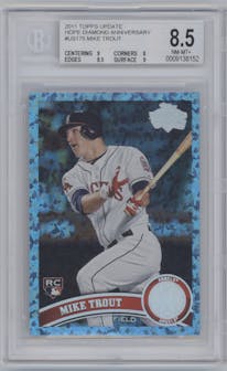 Mike Trout  from the 2011 Topps Update set featuring a Hope Diamond Anniversary parallel graded by Beckett and given an overall grade of 8.5.
