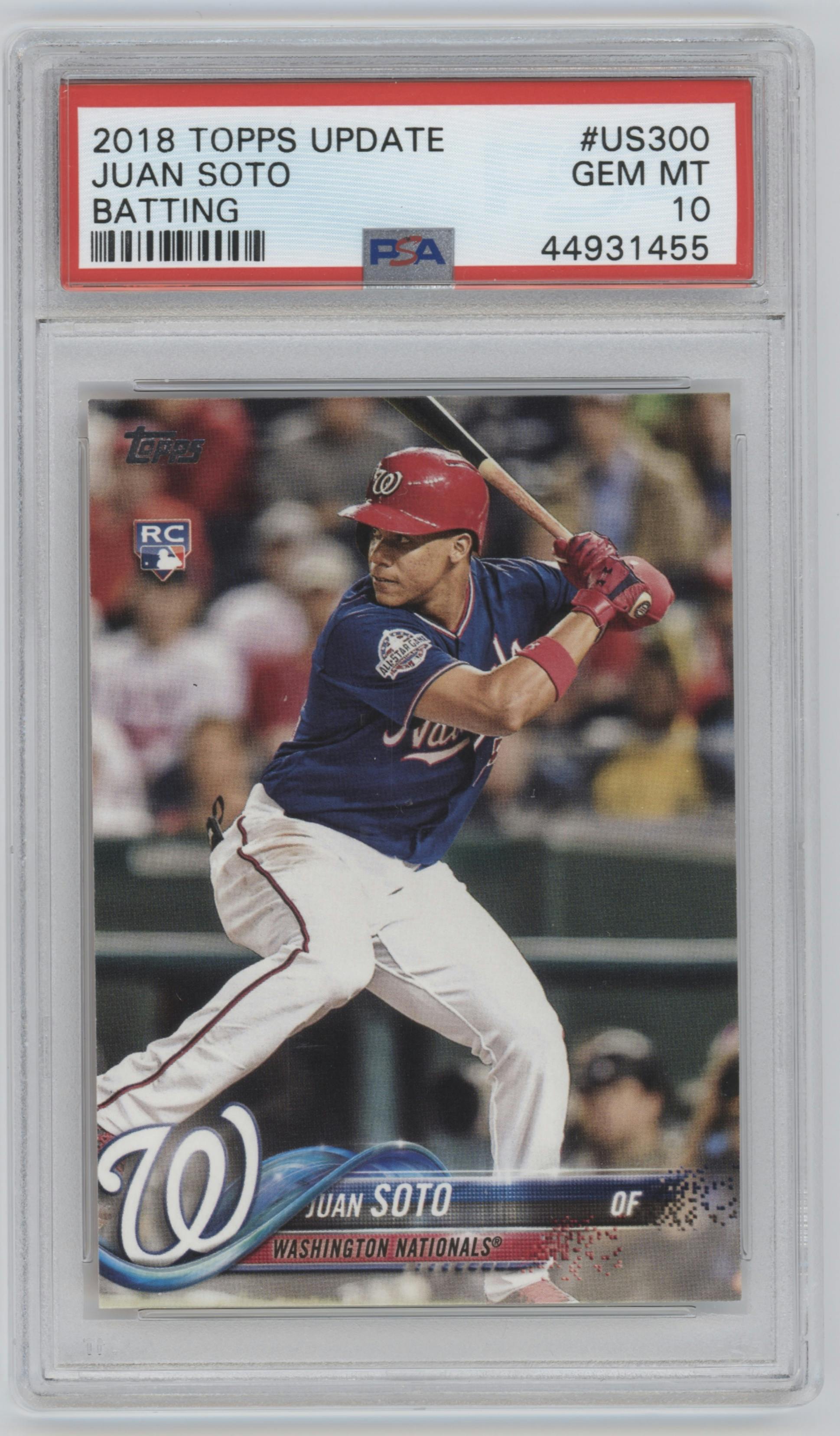Juan Soto from the 2018 Topps Update set featuring a Batting parallel graded by PSA and given an overall grade of 10.