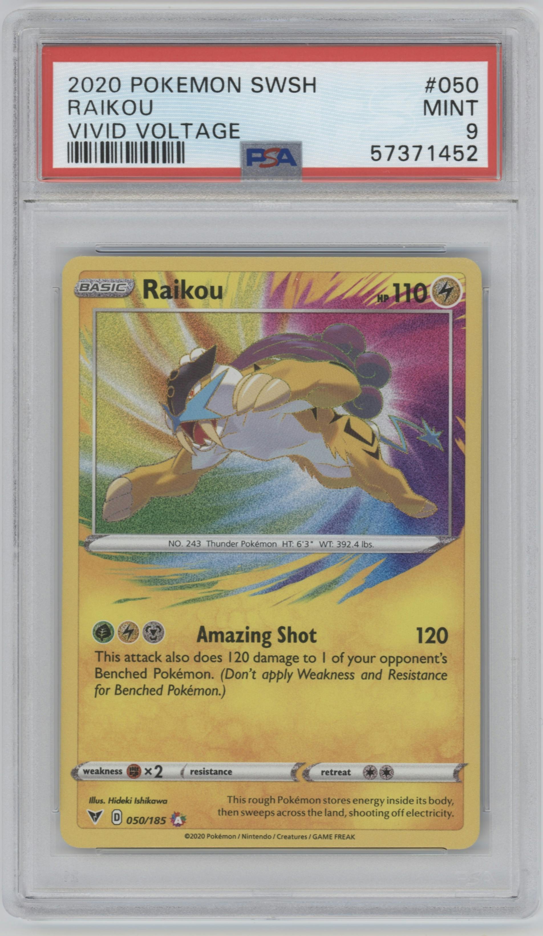 Raikou from the 2020 Pokemon SWSH set graded by PSA and given an overall grade of 9.