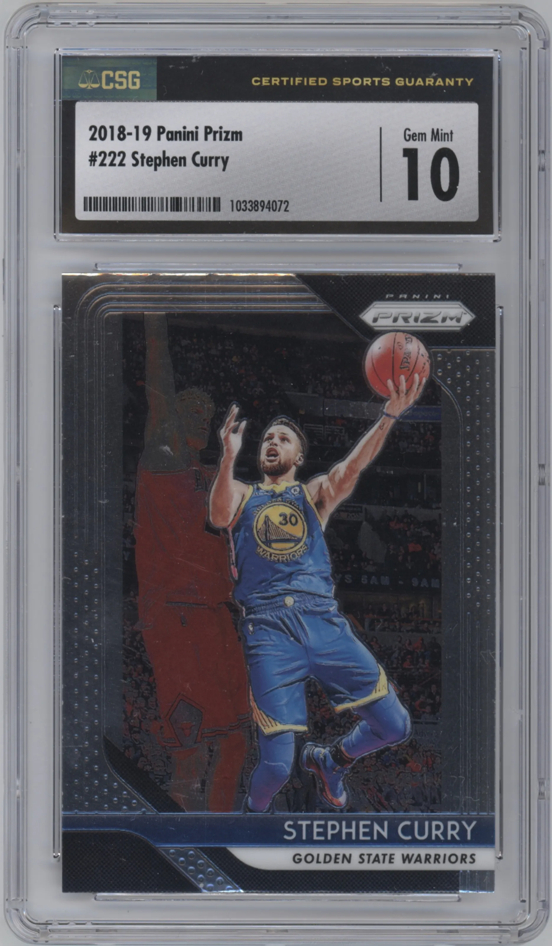Stephen Curry from the 2018-19 Panini Prizm set graded by CSG and given an overall grade of 10.